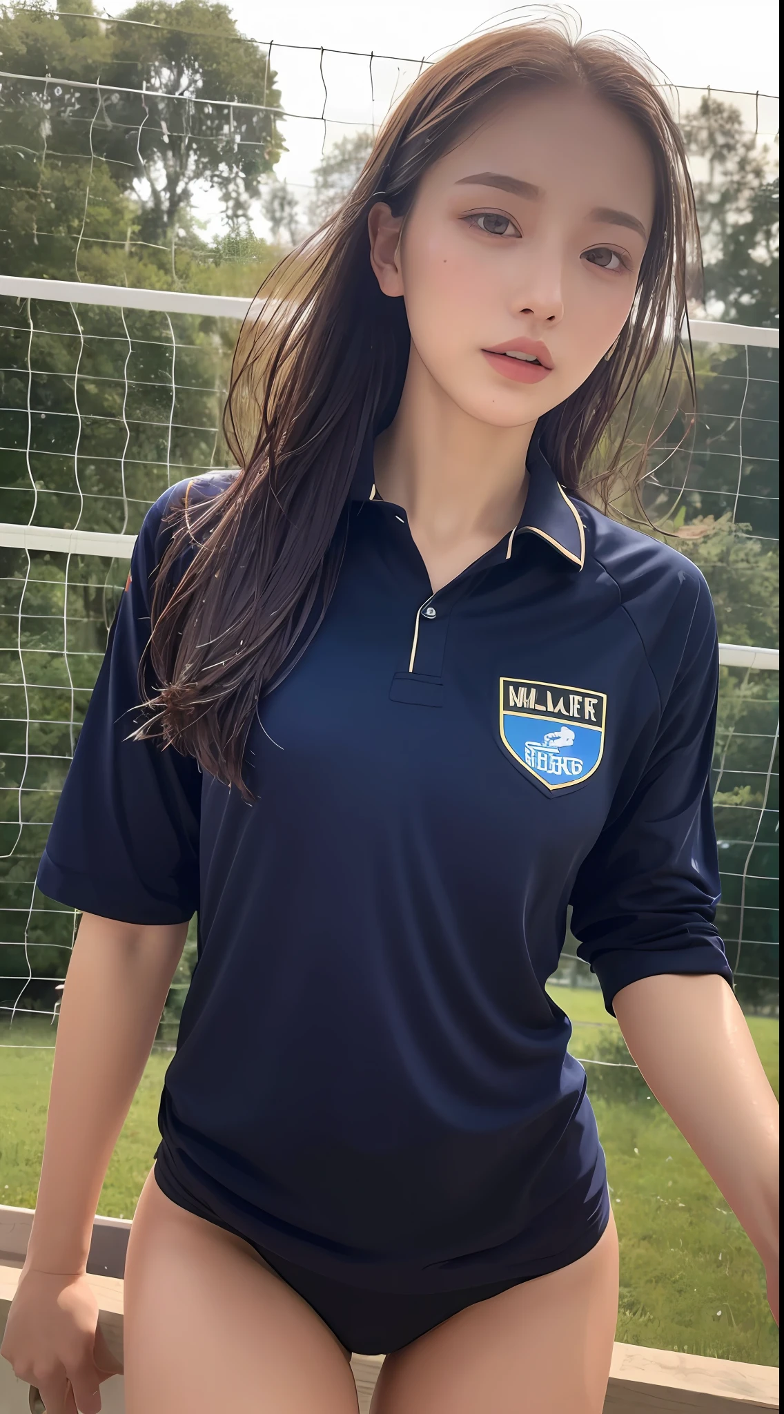 ((top quality, 8k, masterpiece: 1.3)), beautiful woman, 1 woman, big: 1.3, slender figure: 1.1, toned abs, dark brown hair, (valley, wet body, volleyball uniform: 1.1), ultra detailed face, detailed lips, detailed eyes, double eyelids