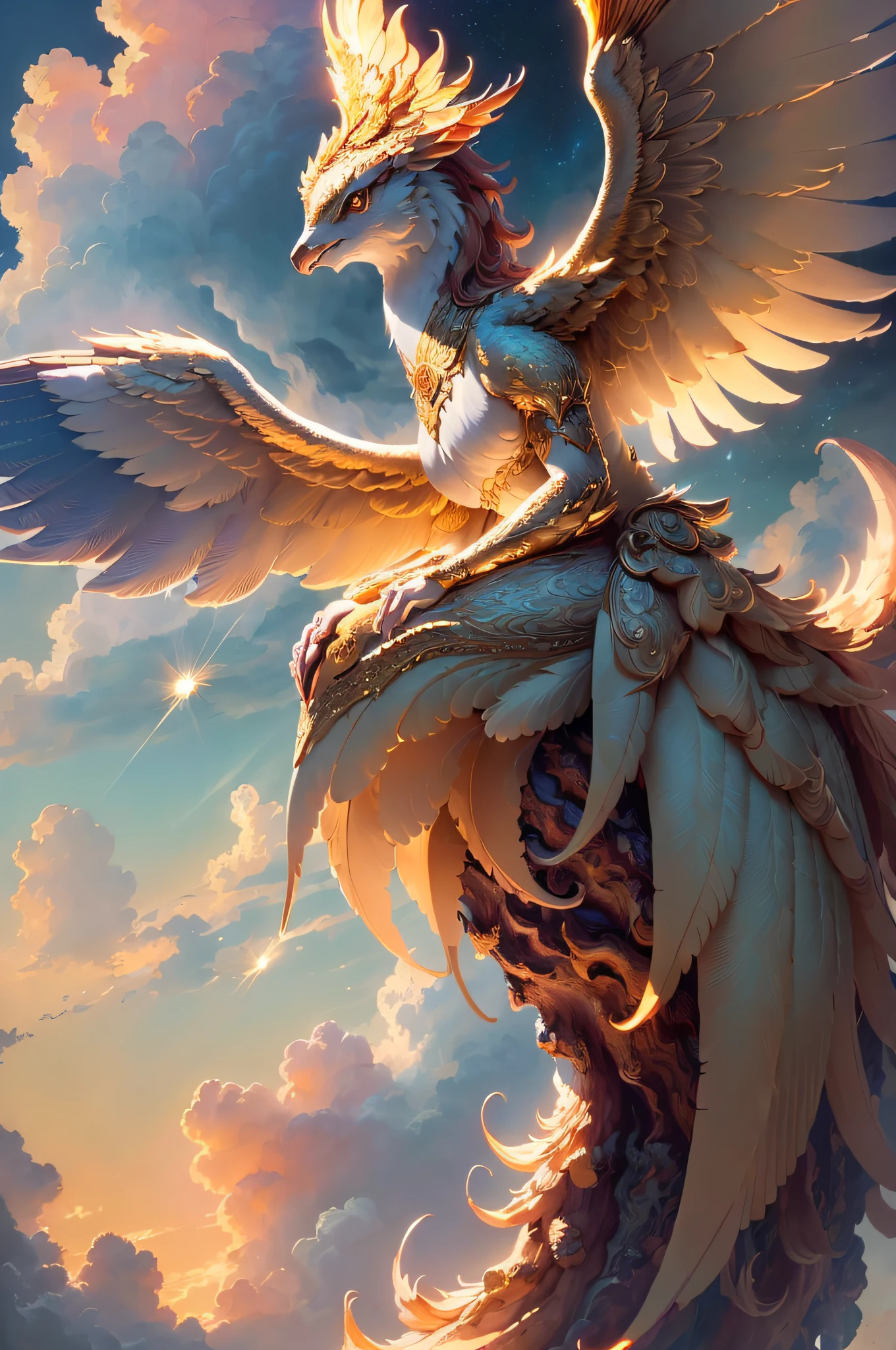(((Excellent)), ((Masterpiece)), (detailed), Phoenix, Perched in the Clouds, (Real photo: 1.3), Expressionless, anthropomorphic expression, delicate wings, Nine tails, full body golden light, otherworldly charm, Mysterious sky, realistic details, real world, moonlit night, pastel colors, (detailed cloud view: 1.3), (high resolution: 1.2)