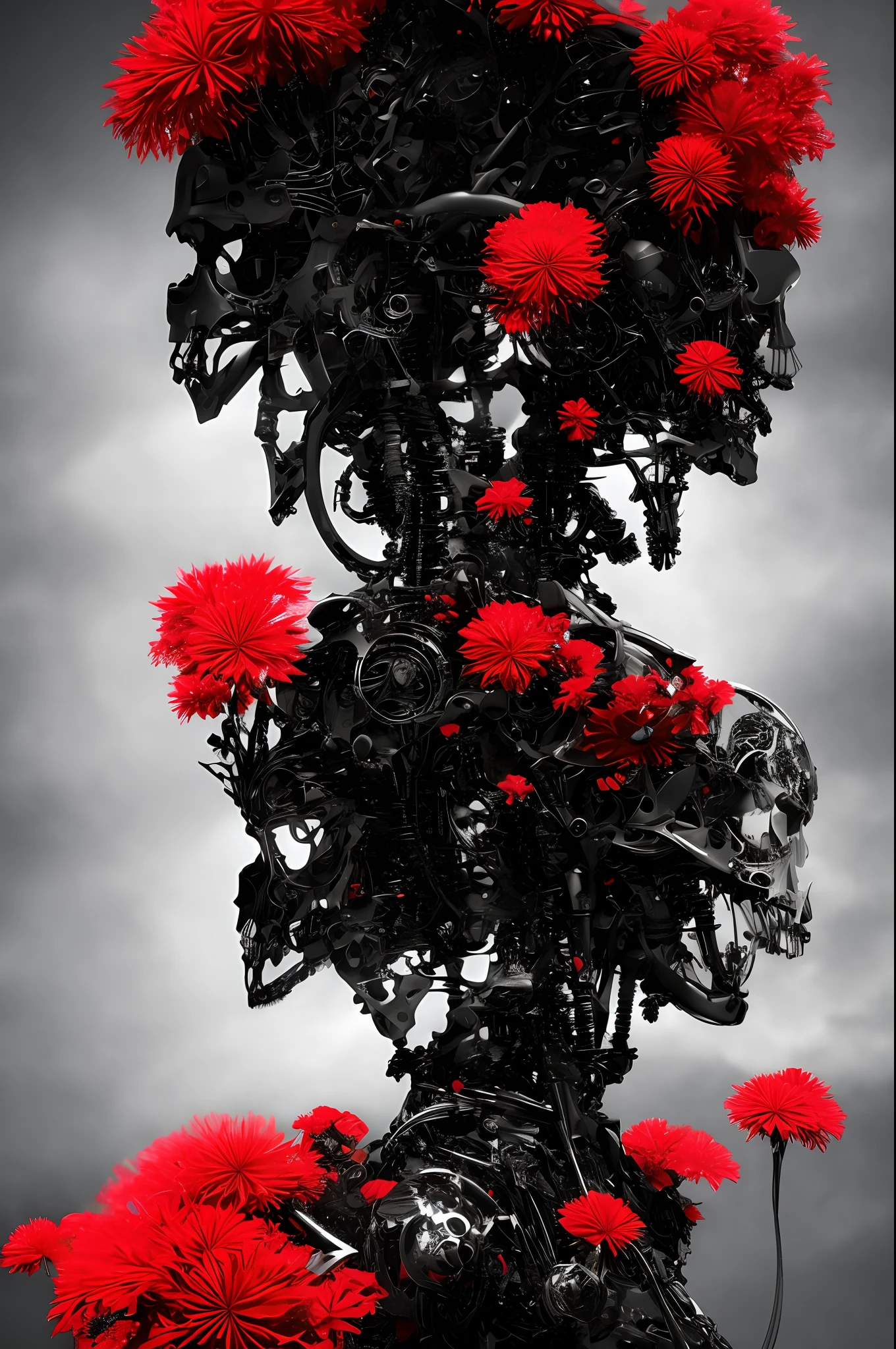 complex 3d render ultra detailed of a beautiful death angel, biomechanical cyborg, analog, 150 mm lens, beautiful natural soft rim light, big leaves and stems, roots, fine foliage lace, colorful details, samourai, Boris Bidjan Saberi outfit, pearl earring, piercing, art nouveau fashion embroidered, intricate details, mesh wire, mandelbrot fractal, anatomical, facial muscles, cable wires, microchip, badass, hyper realistic, ultra detailed, octane render, volumetric lighting, 8k post-production, red and white with a bit of black, detailled metalic bones, semi human, iridescent colors, Glenn Brown style, white room, power of the god, high-angle shot, complex body poses