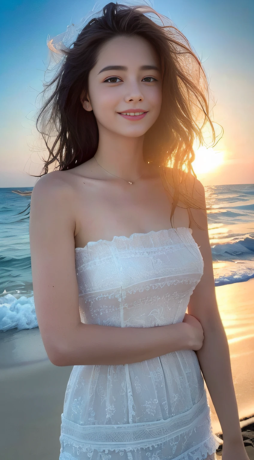 ,((Best Quality))),8k,((Masterpiece)),(Extremely delicate and beautiful),There is a girl coming out of the sea,Best Quality, Masterpiece, Ultra High Resolution, Realistic Shorts, Shoulders, Smile, Bandeau Dress, White, Long Hair, Curly Hair,,Affectionate Eyes, Half a Smile, Gentle Look on Face,Background Seascape and Sun, Seagulls in the Sky, Realism