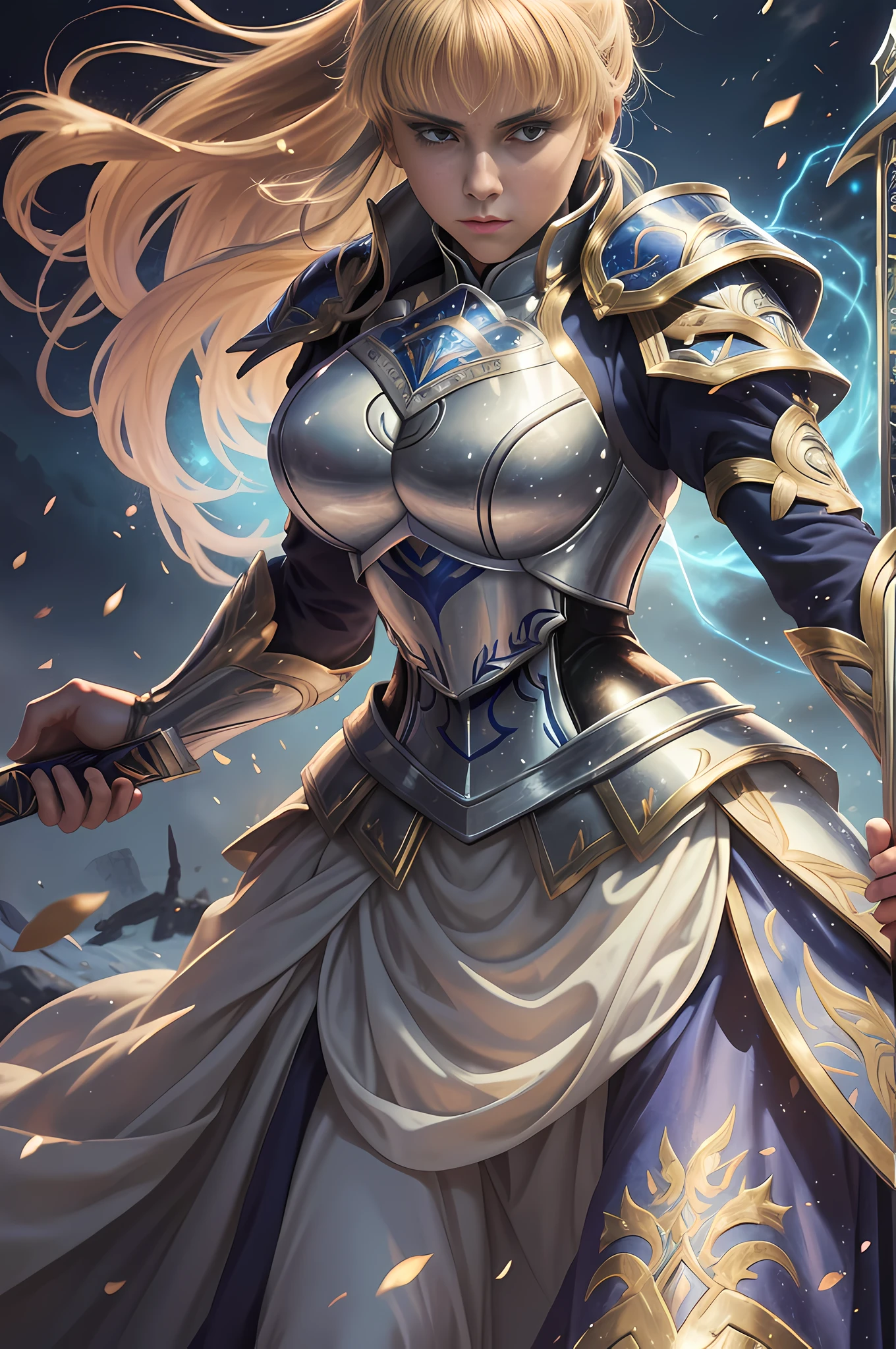 (best quality:1.3), (masterpiece:1.3), (detailed:1.3), 8K, striking depiction of Saber from the anime film "Fate/stay night: Heaven's Feel." Saber stands tall and resolute, clad in her iconic armor, with her noble sword, Excalibur, at her side. The intricate details of her armor, from the engraved patterns to the gleaming metal, are meticulously rendered, showcasing the craftsmanship and regal elegance of her character design. The lighting accentuates her powerful presence, casting a soft glow on her face and highlighting the determination in her eyes. The composition centers around Saber, emphasizing her heroic stature and unwavering resolve. The camera angle is slightly tilted, adding a dynamic touch to the image and capturing the essence of Saber's fierce spirit. This portrayal pays homage to Saber as one of the beloved characters in the "Fate/stay night" series.