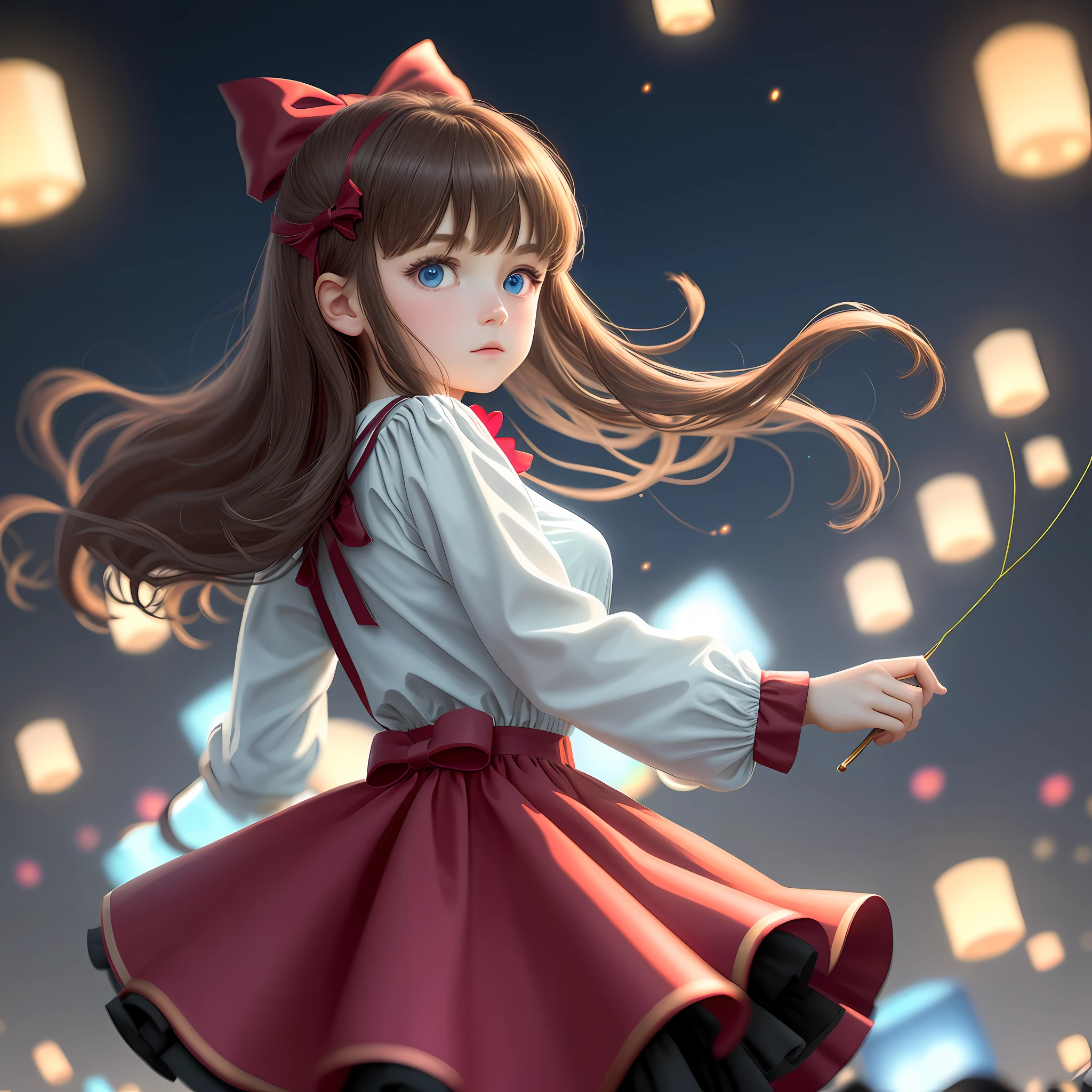 1girl, bangs, blue eyes, blurred background, bow, brown hair, shut up, seen from the side, hair between eyes, hair bow, lantern, light particles, long sleeves, looking at the audience, medium hair, night, red bow, solo, stars \ (symbol\), upper body, (masterpiece: 1.4), (best quality: 1.4), bright and colorful, strong color contrast