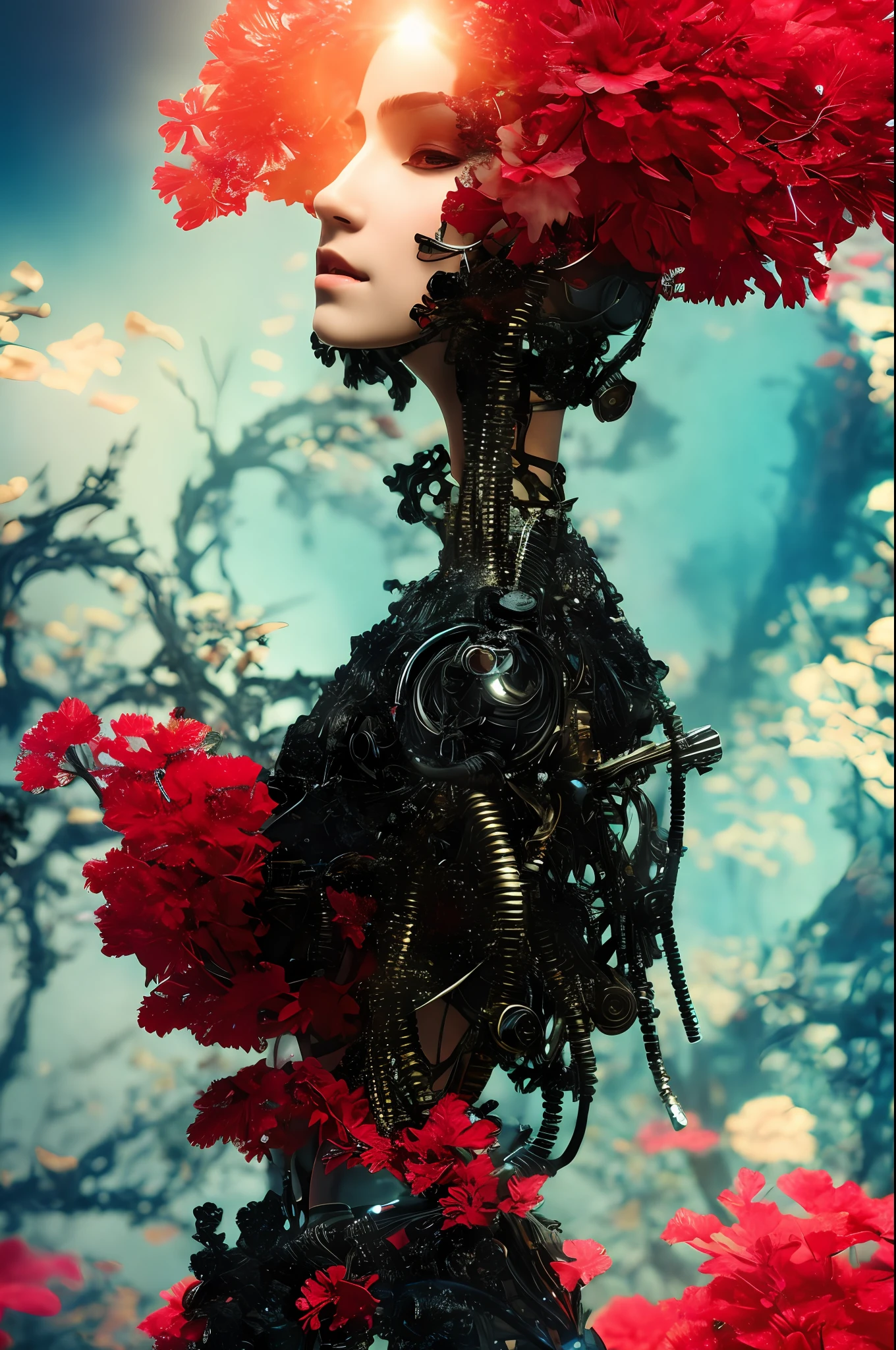 complex 3d render ultra detailed of a beautiful death angel, biomechanical cyborg, analog, 150 mm lens, beautiful natural soft rim light, big leaves and stems, roots, fine foliage lace, colorful details, samourai, Boris Bidjan Saberi outfit, pearl earring, piercing, art nouveau fashion embroidered, intricate details, mesh wire, mandelbrot fractal, anatomical, facial muscles, cable wires, microchip, badass, hyper realistic, ultra detailed, octane render,  volumetric lighting, 8k post-production, red and white with a bit of black, detailled metalic bones, semi human, iridescent colors, Glenn Brown style, white room, power of the god, high-angle shot, complex body poses