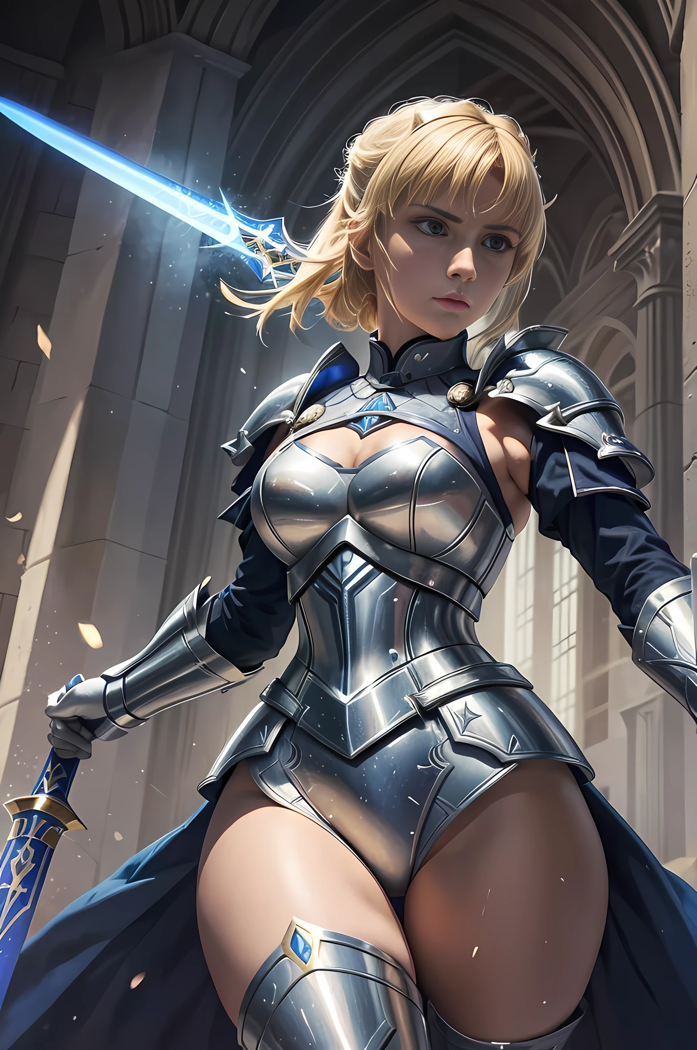 (best quality:1.3), (masterpiece:1.3), (detailed:1.3), 8K, striking depiction of Saber from the anime film "Fate/stay night: Heaven's Feel." Saber stands tall and resolute, clad in her iconic armor, with her noble sword, Excalibur, at her side. The intricate details of her armor, from the engraved patterns to the gleaming metal, are meticulously rendered, showcasing the craftsmanship and regal elegance of her character design. The lighting accentuates her powerful presence, casting a soft glow on her face and highlighting the determination in her eyes. The composition centers around Saber, emphasizing her heroic stature and unwavering resolve. The camera angle is slightly tilted, adding a dynamic touch to the image and capturing the essence of Saber's fierce spirit. This portrayal pays homage to Saber as one of the beloved characters in the "Fate/stay night" series.
