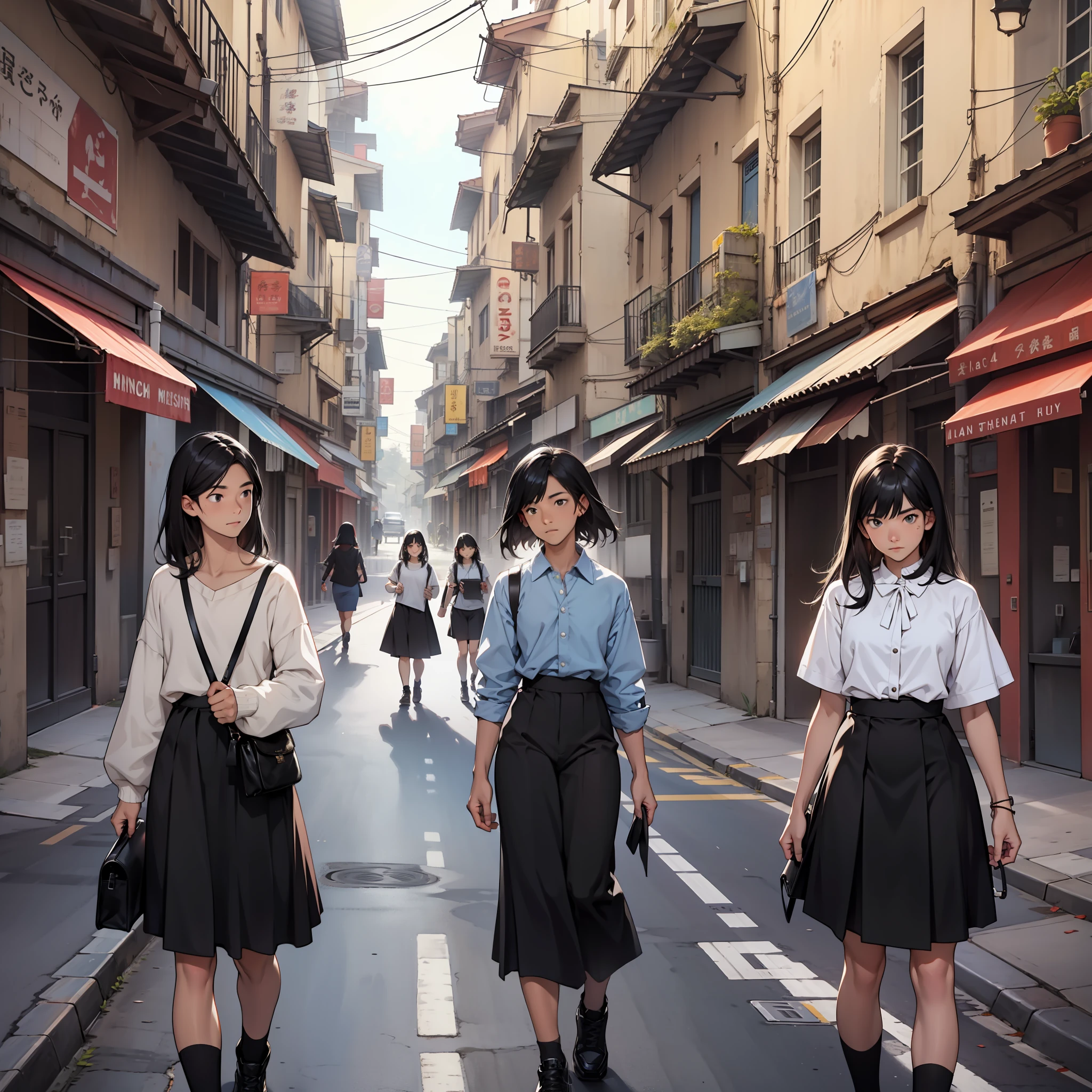 In the middle of the road, a young man with black hair surrounded by four girls