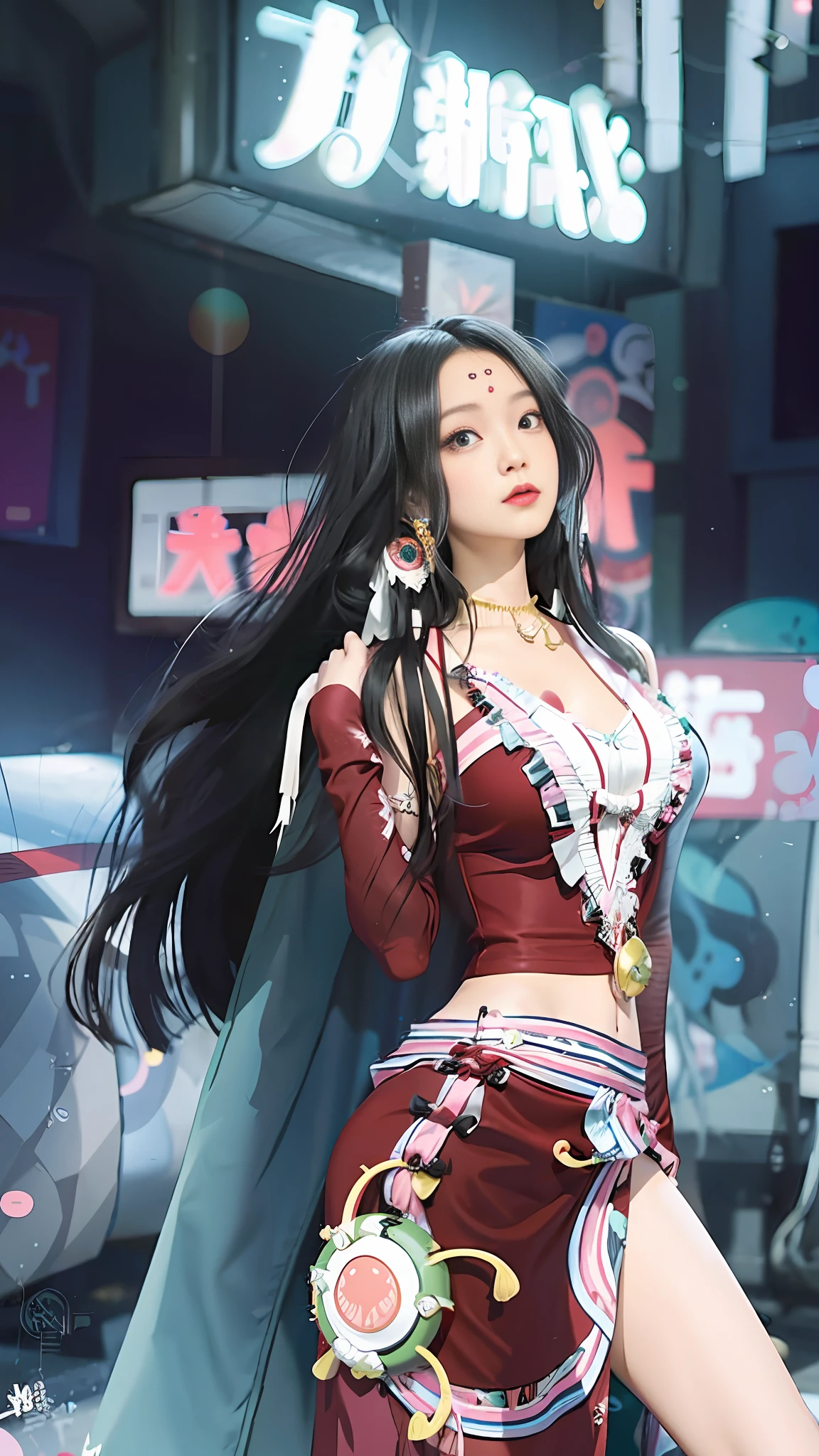 anime girl in red dress with long black hair and earrings, nico robin, anime visual of a young woman, from one piece, nezuko, nezuko-chan, natsumi mukai artwrok, female anime character, junko enoshima, nami from one piece, deayami kojima, ayami, by Kentaro Miura