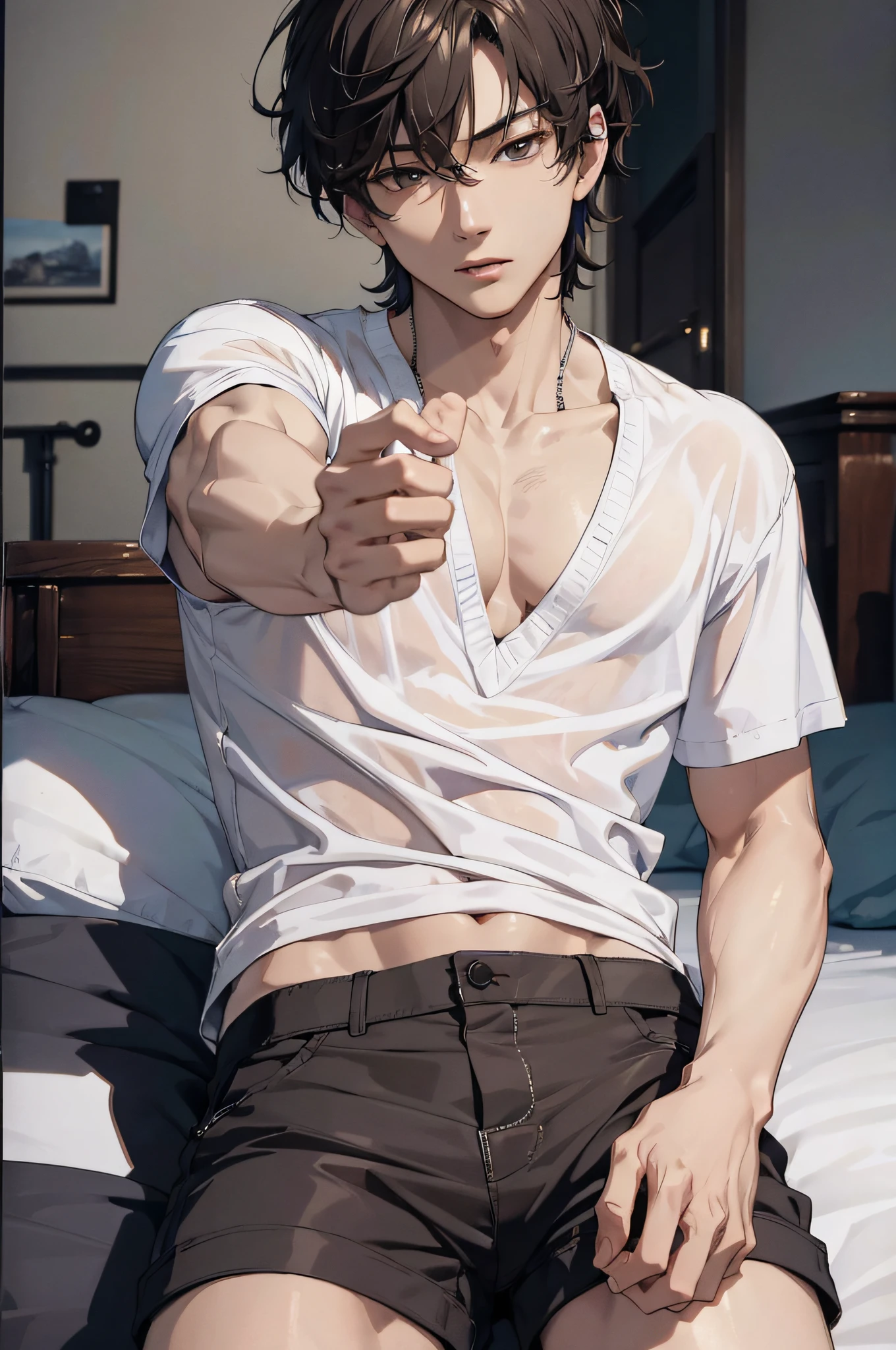 (absurdres, highres, ultra detailed), masterpiece, best quality, 1man, solo, handsome, muscular, finely eye and detailed face, short hair, sitting, open shirt, shorts, lie on back, bed