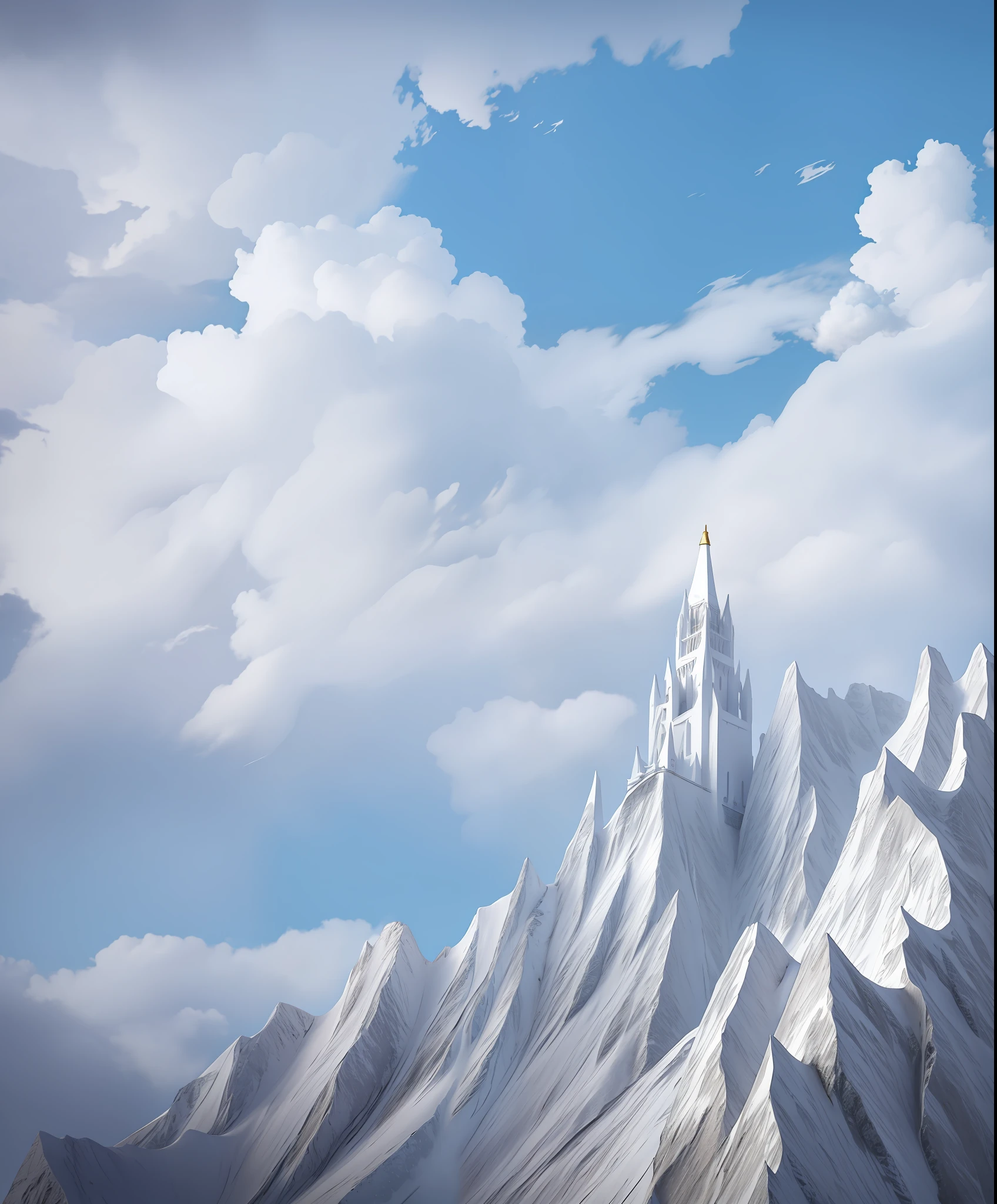 a white spire building,very tall,arounded with white cloud,on the mountain wall