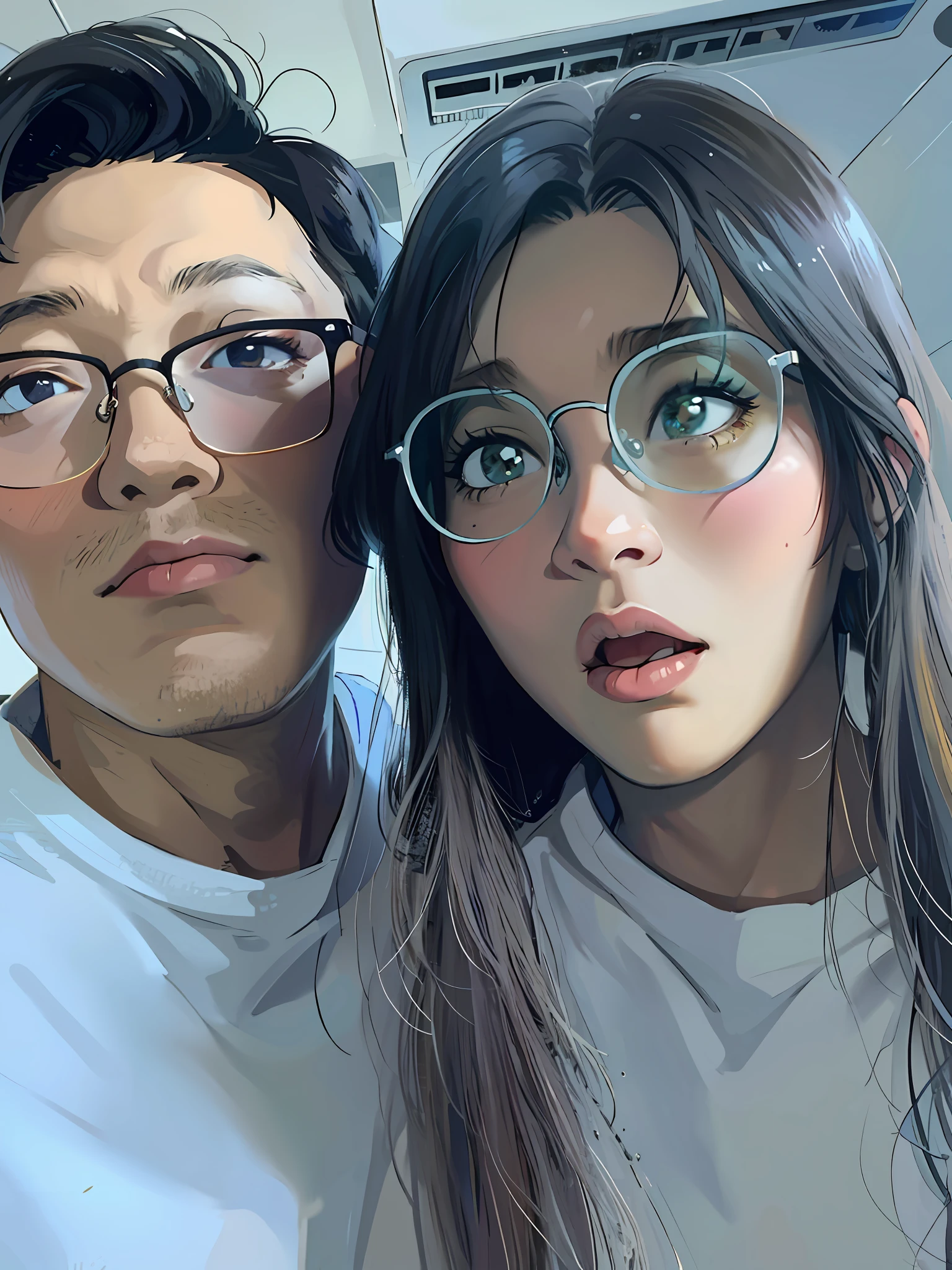 There is a handsome sunny boy with glasses, a 22-year-old woman wearing a shower cap and glasses, showing off their tongue, they are posing for pictures, books! Spectacles! 8k selfie, vacation photo, couple portrait, couple portrait, overalls
