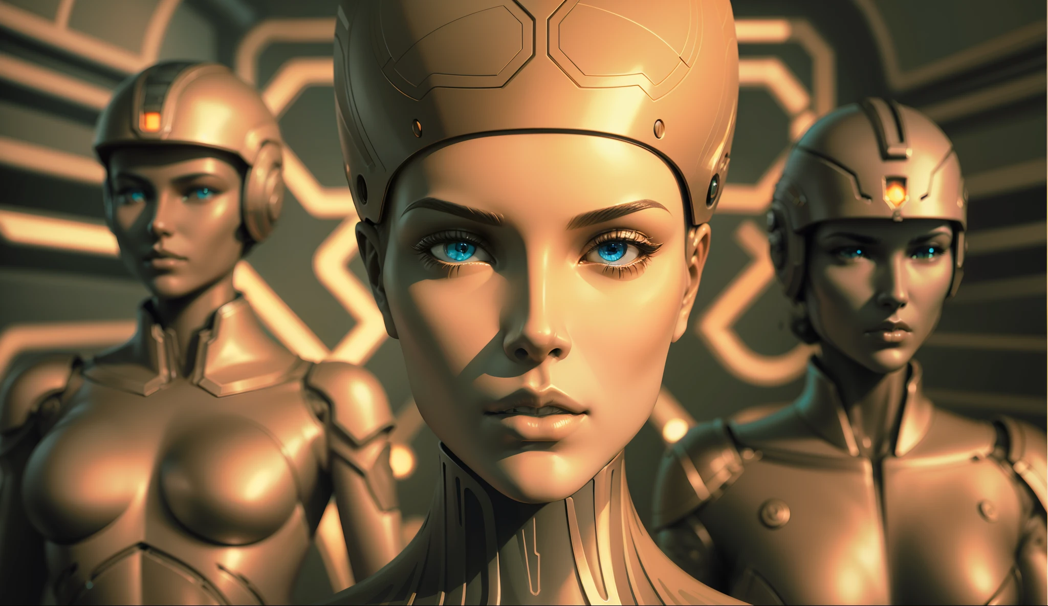 a group of mannequins in a futuristic setting, a bronze sculpture by Otto Pilny, trending on zbrush central, retrofuturism, behance hd, reimagined by industrial light and magic, futuristic