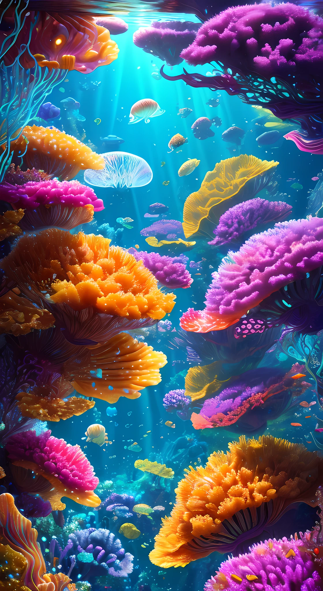 ((perspective)) microscopic world, vista, underwater fantasy,((masterpiece)), best quality, high quality, ((extremely detailed CG unity 8k wallpaper)),(fantasy), complex background, underwater fantasy world, fish school, Glowing jellyfish, colorful, (abyss)), staggered stone platforms in the abyss, glowing undersea plants, 3D digital painting, award winning photography, bokeh, depth of field, HDR, chromatic aberration, photorealistic, extremely detailed, artstation Trends on CGsociety, Intricate, High Detail, dramatic, art by midjourney, --v 6