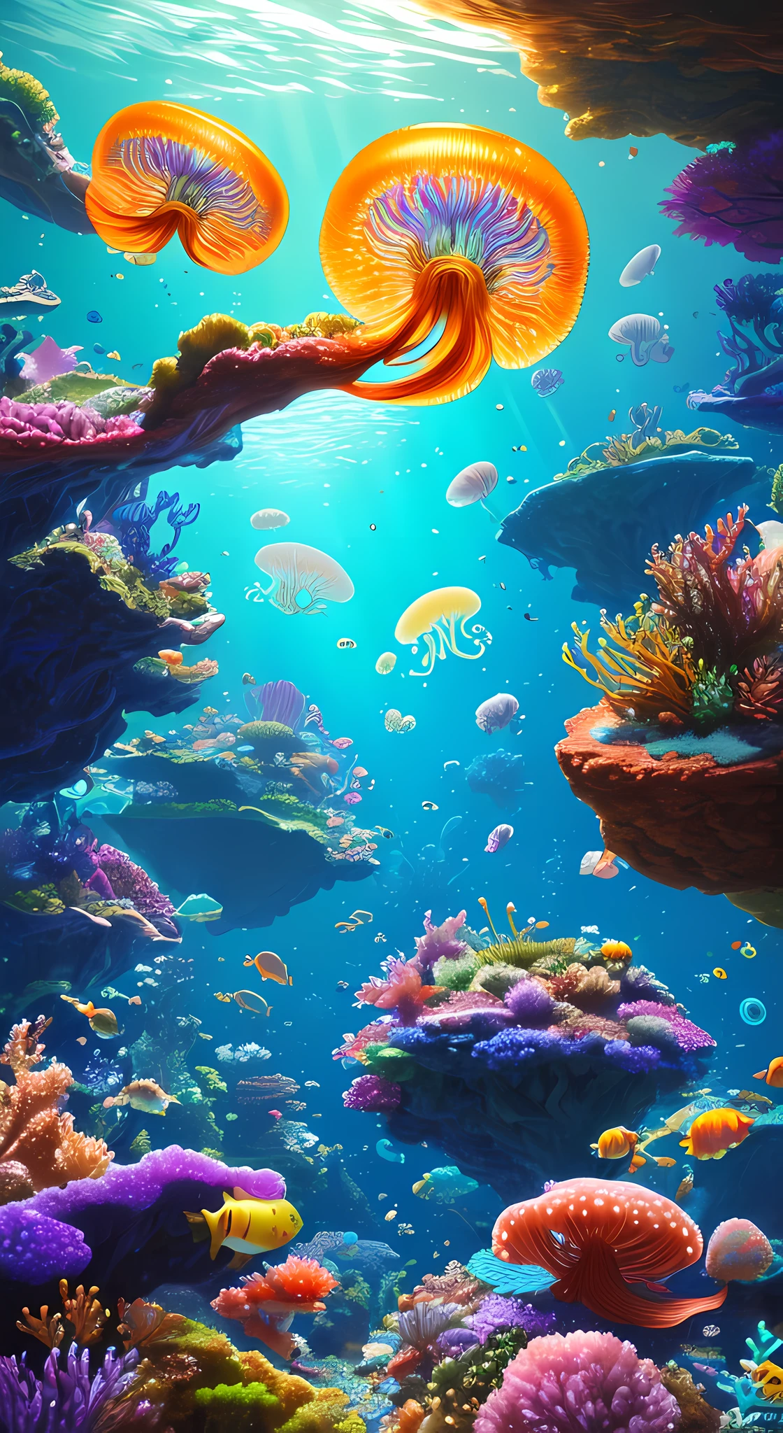 ((perspective)) microscopic world, vista, underwater fantasy,((masterpiece)), best quality, high quality, ((extremely detailed CG unity 8k wallpaper)),(fantasy), complex background, underwater fantasy world, fish school, Glowing jellyfish, colorful, (abyss)), staggered stone platforms in the abyss, glowing undersea plants, 3D digital painting, award winning photography, bokeh, depth of field, HDR, chromatic aberration, photorealistic, extremely detailed, artstation Trends on CGsociety, Intricate, High Detail, dramatic, art by midjourney, --v 6