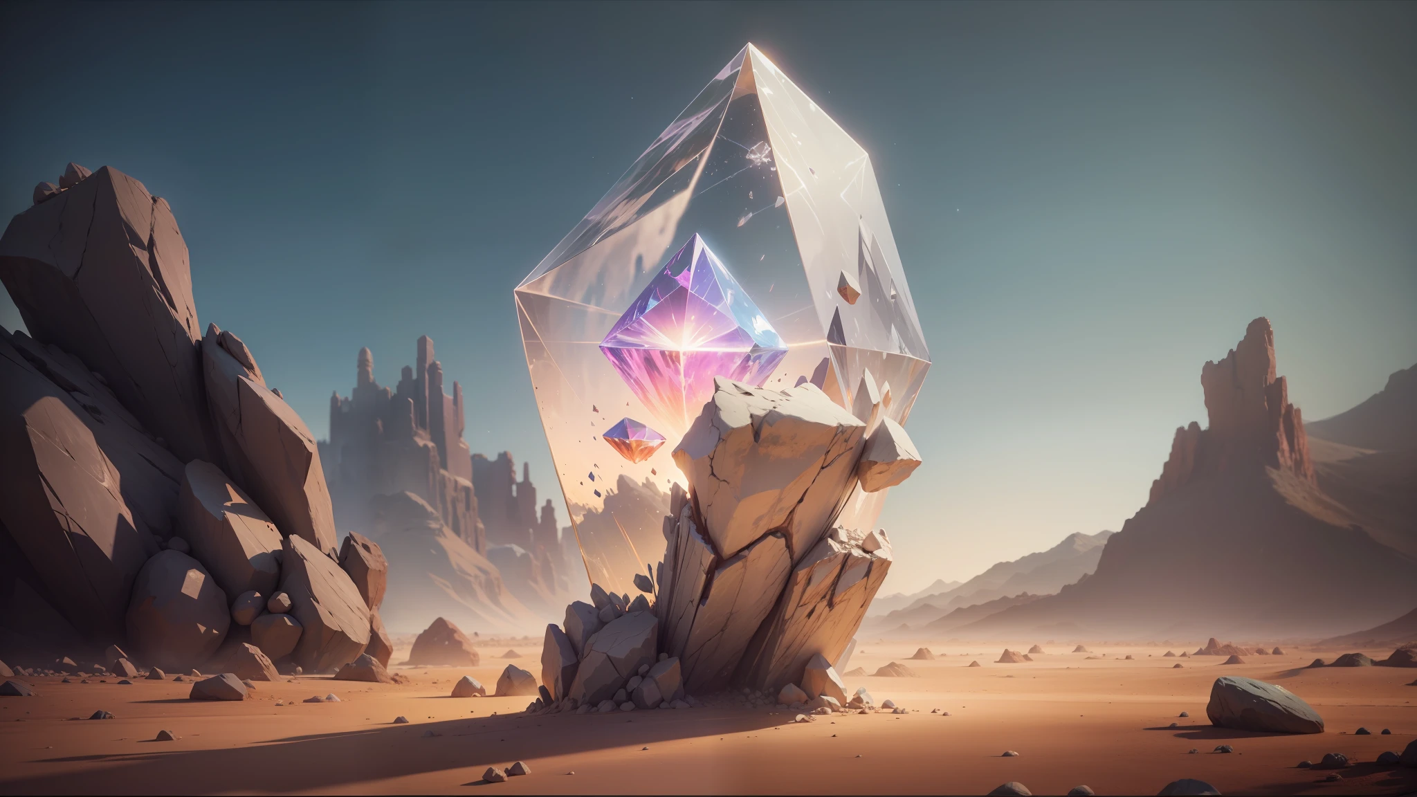 arafed crystal in a desert with rocks and a sky background, beeple and mike winkelmann, global illuminaition, [ mystic, still from a music video, artstyle andree wallin, platonic solids, cymatics. auditory symbiogenesis, krypton, trending in cgsociety, [ shards, from a 2 0 1 9 sci fi 8 k movie