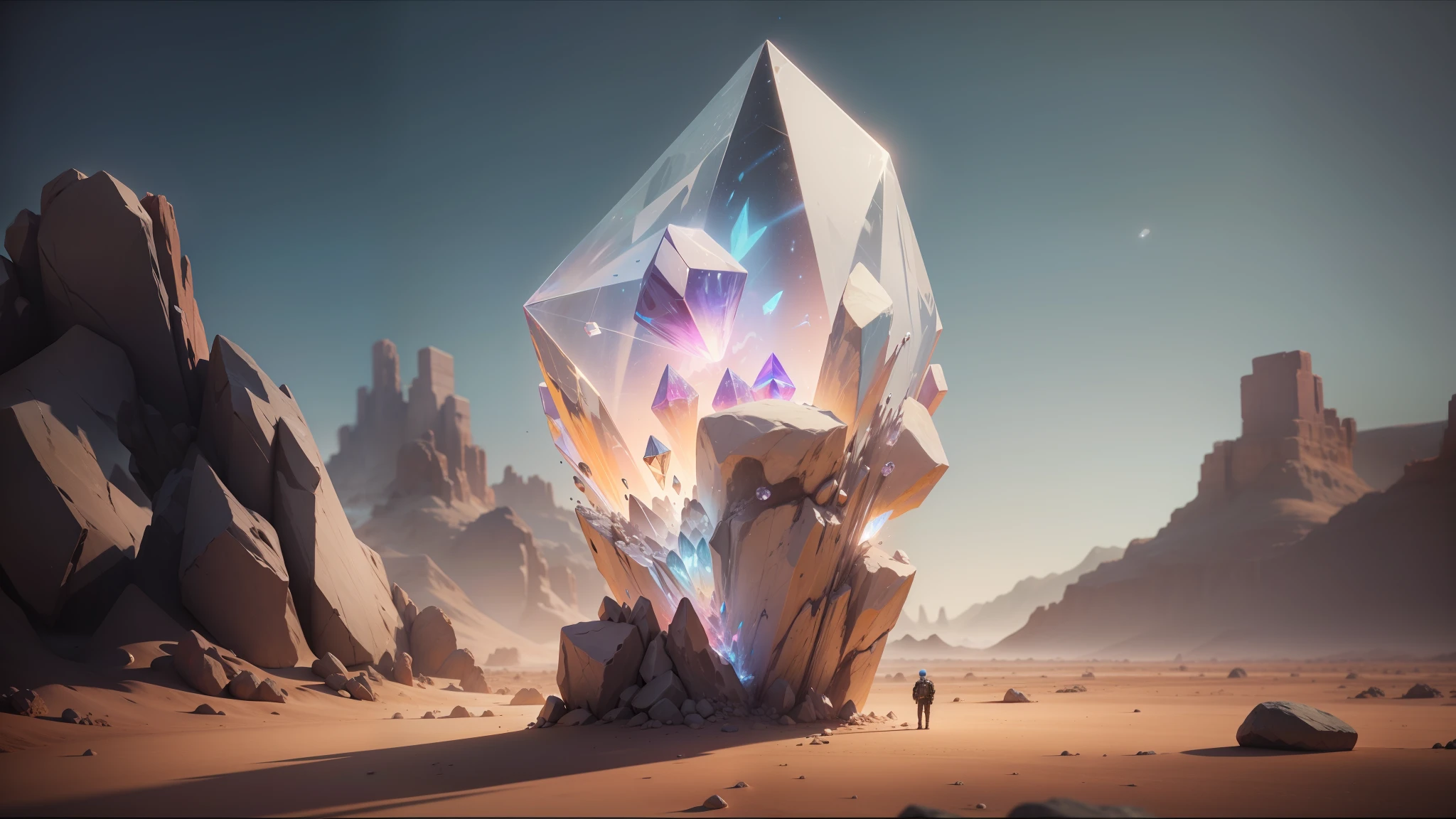arafed crystal in a desert with rocks and a sky background, beeple and mike winkelmann, global illuminaition, [ mystic, still from a music video, artstyle andree wallin, platonic solids, cymatics. auditory symbiogenesis, krypton, trending in cgsociety, [ shards, from a 2 0 1 9 sci fi 8 k movie