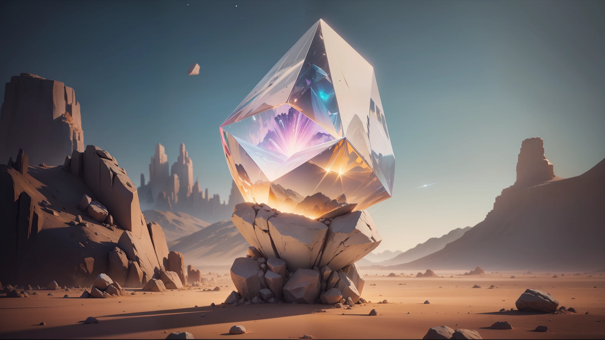 arafed crystal in a desert with rocks and a sky background, beeple and mike winkelmann, global illuminaition, [ mystic, still from a music video, artstyle andree wallin, platonic solids, cymatics. auditory symbiogenesis, krypton, trending in cgsociety, [ shards, from a 2 0 1 9 sci fi 8 k movie