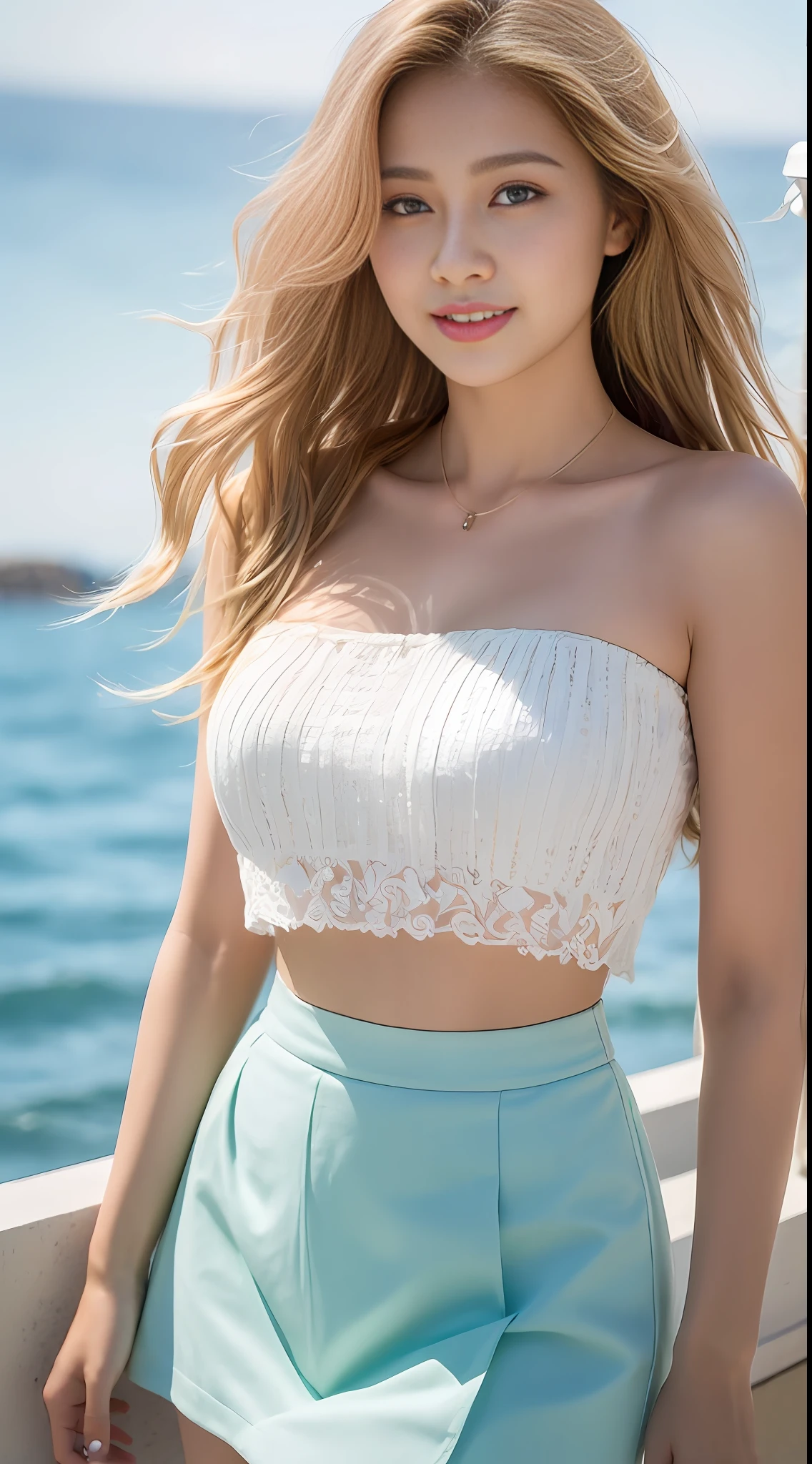,((Best Quality))),8k,((Masterpiece)),(Extremely delicate and beautiful),There is a Russian princess girl coming out of the sea, blonde hair, brown eyes, glowing eyes, white crop top top, beige skirt, parted lips, blush, night, pink rose, sun, sunlight best quality, masterpiece, super high resolution, shorts realistic, shoulders, smile, bandeau skirt, white, long hair, curly hair, , soulful eyes, half smile, gentle expression on face, background sea view and sun, Seagulls in the sky, realism