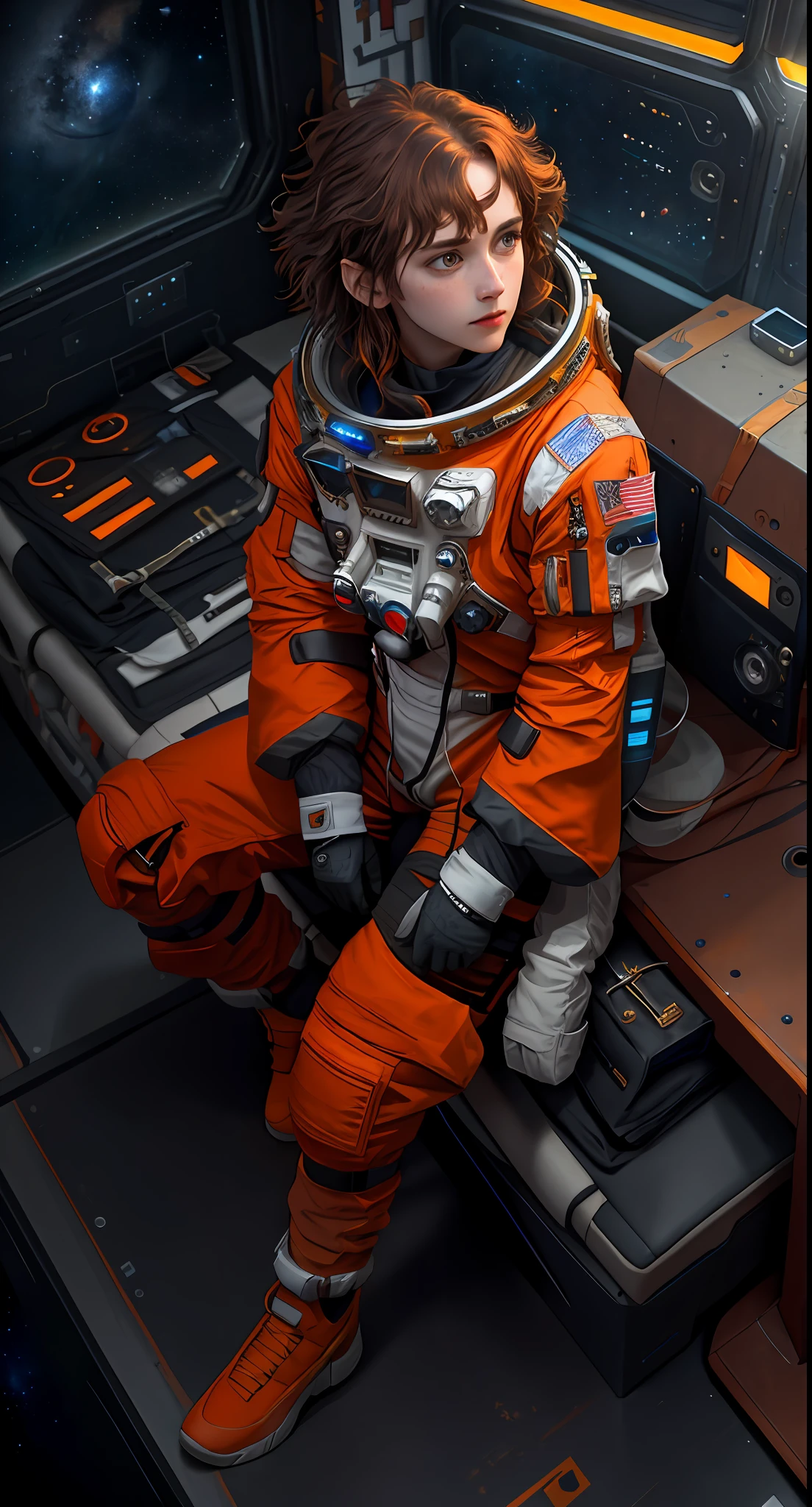 tiktok girl, (from_above:1.32) (sitting:1.2) brown_hairs , Messy_hair , future era, futuristic , orange space suit, astronaut, [helmet], face , tavern , jewelry, (full_body:1.4), (realistic:1.4), masterpiece, high quality, realistic lighting, center of frame, 8k, hdr, amateur, (freckles:0.8) , photography, amateur