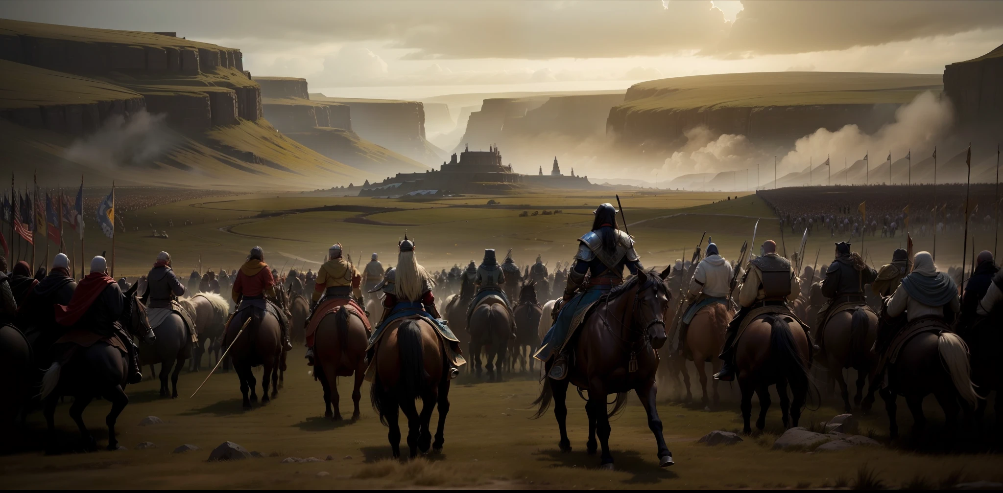 there are many people riding horses in a field with a lot of people, concept art futuristic norse, photo of genghis khan, in screenshot from the 300 movie, flat matte painting, faroe, women fighting men, epic diptych, cgsociety award, by John Laviers Wheatley, drogon, scottish highlands