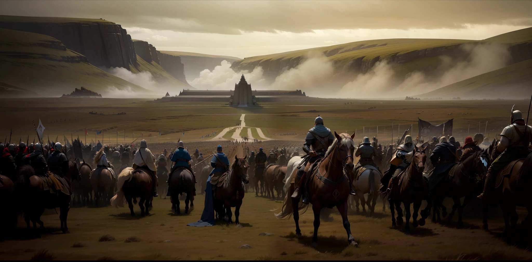 there are many people riding horses in a field with a lot of people, concept art futuristic norse, photo of genghis khan, in screenshot from the 300 movie, flat matte painting, faroe, women fighting men, epic diptych, cgsociety award, by John Laviers Wheatley, drogon, scottish highlands