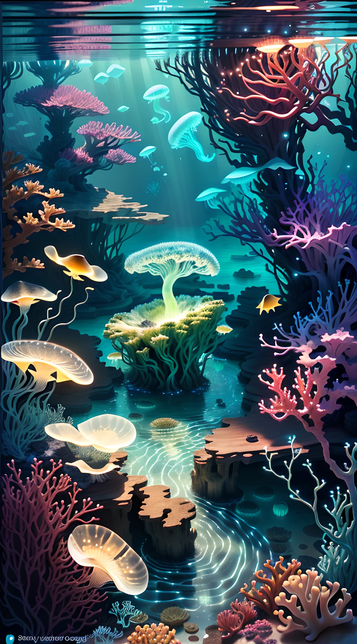 Masterpiece, best quality, (very detailed CG unity 8k wallpapers), (best quality), (best illustrations), (best shadows), marine theme with natural elements. Tall mangroves, rich marine plants, glowing jellyfish, surrounded by schools of fish, glowing particle effects,, (marine plants), (ocean theme), ((luminous algae)), (coral), ((glowing jellyfish )), ((Glow Creatures in Seawater)), ((Sea Fire)), (((Particle Effect))), Isometric 3D, Octane Rendering, Ray Tracing, Super Detailed