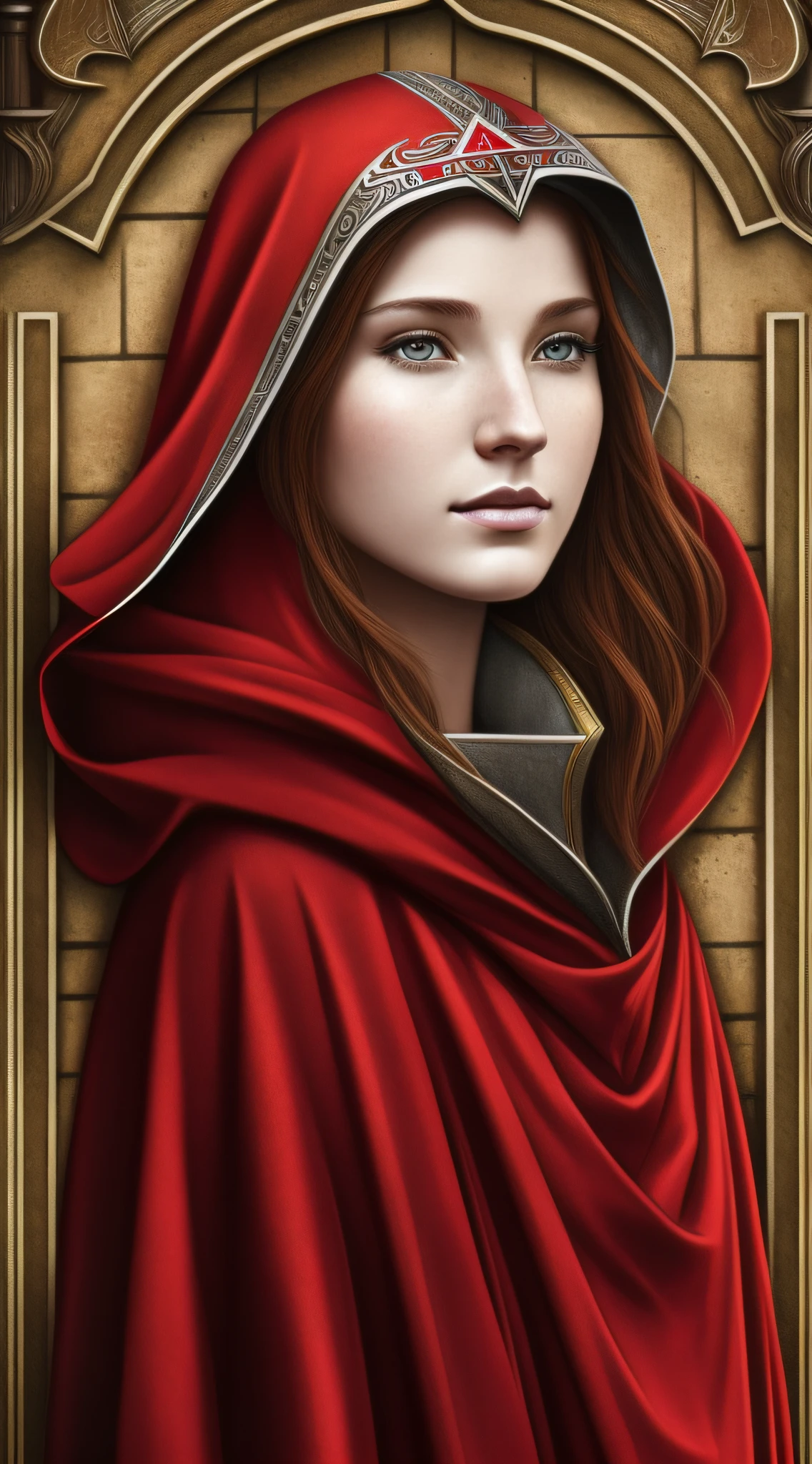 Realistic art, red-haired woman, age 20, wearing an Ezio Auditore hooded tunic, predominantly brown in color, black eyes, cleric, acolyte, waist-deep portrait, in a medieval city setting.