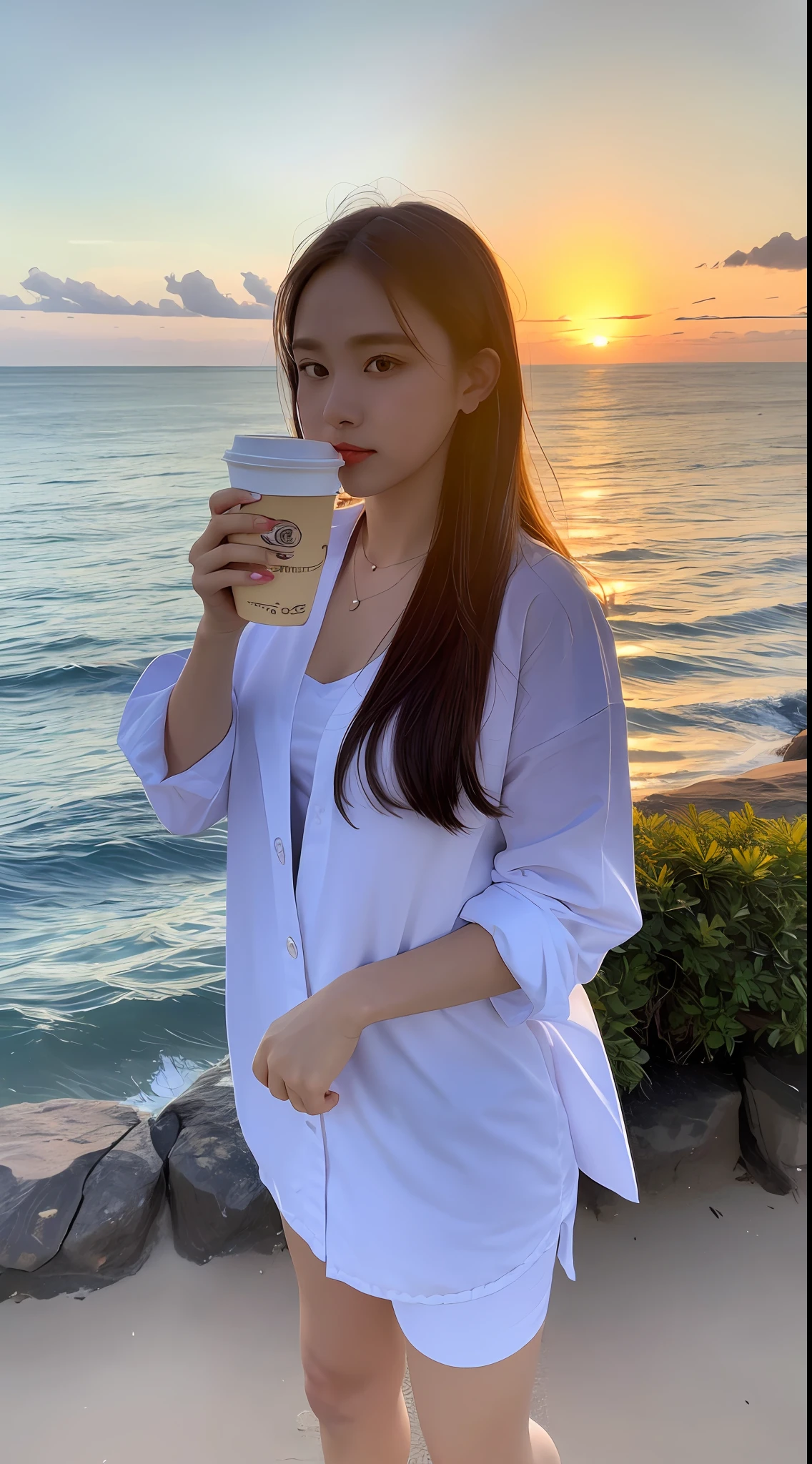 "To create an 8K masterpiece of the highest quality, create a scene with a sharp focus of 1.2 and a paper cup in your hand with a sunset, a palm tree, and a seascape.