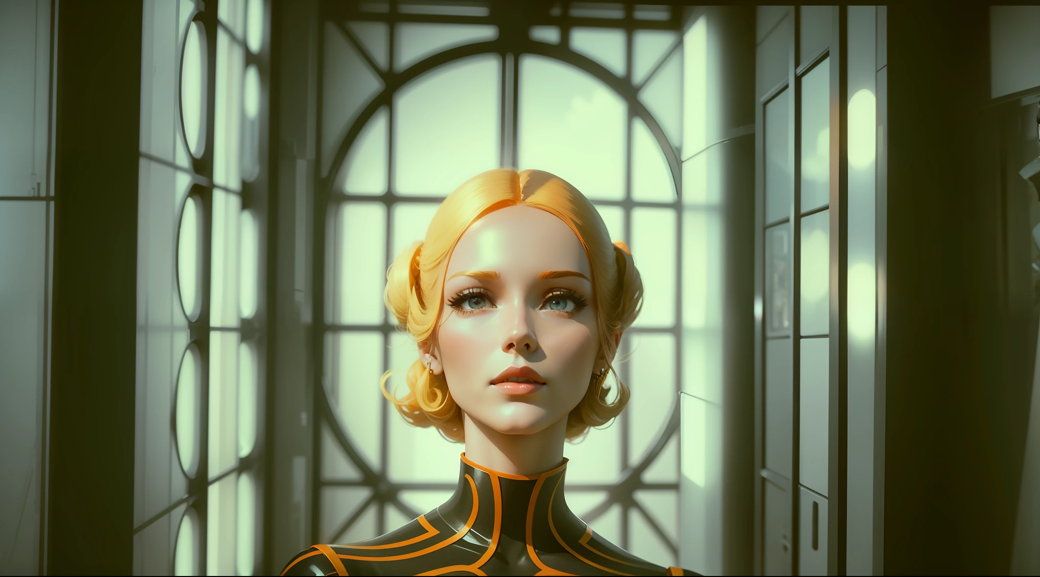 a mannequin wearing a black and orange dress in front of a window, a character portrait by Jan Tengnagel, behance, retrofuturism, 1970s, reimagined by industrial light and magic, movie still