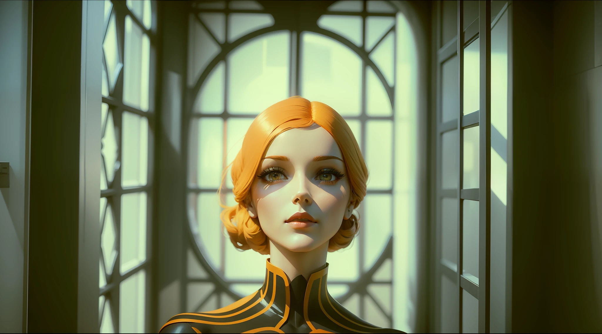 a mannequin wearing a black and orange dress in front of a window, a character portrait by Jan Tengnagel, behance, retrofuturism, 1970s, reimagined by industrial light and magic, movie still