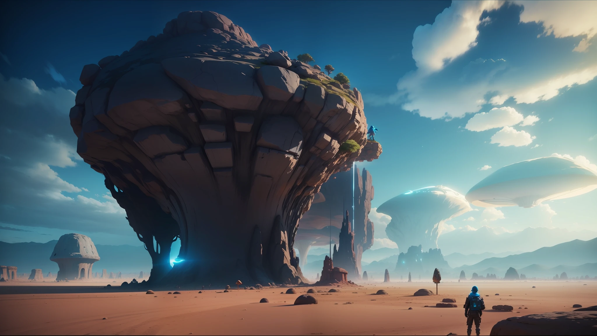 there is a man standing in front of a giant rock on a desert, unreal engine 5 », inspired by Tōshi Yoshida, giant mushrooms, from final fantasy xiii, gameplay screenshot, neon landscape, early screen test, the artist has used bright, blue - ray screenshot, unknown space