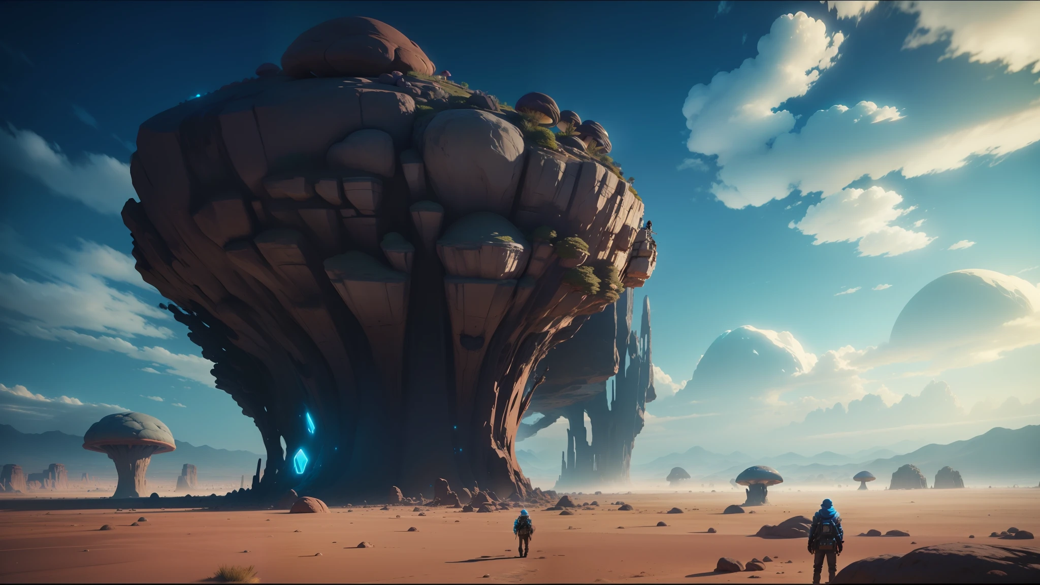 there is a man standing in front of a giant rock on a desert, unreal engine 5 », inspired by Tōshi Yoshida, giant mushrooms, from final fantasy xiii, gameplay screenshot, neon landscape, early screen test, the artist has used bright, blue - ray screenshot, unknown space