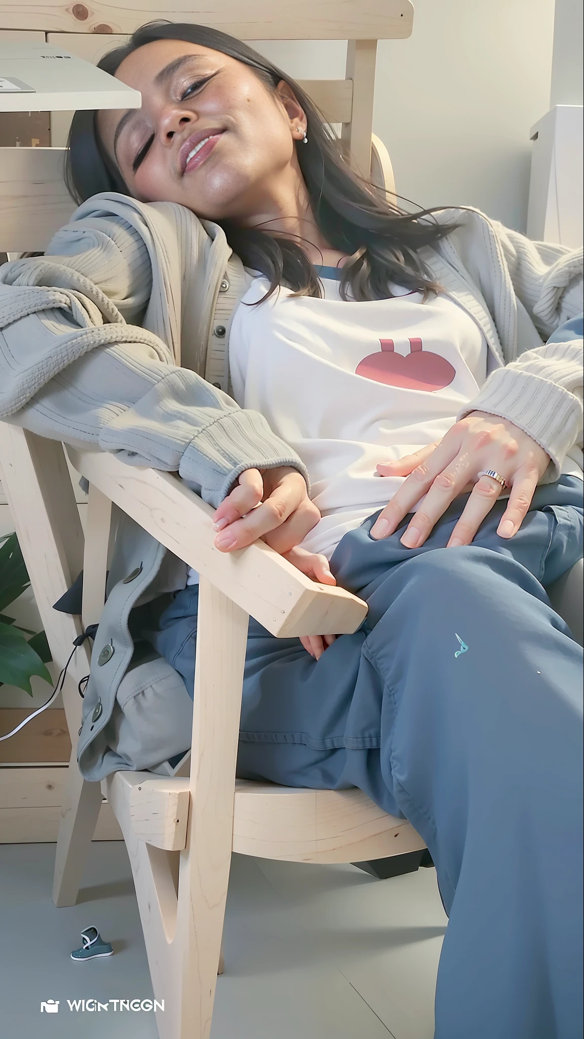 there is a woman that is sleeping on a chair, sitting in a rocking chair, sitting in chair, seated on wooden chair, sitting in a chair, siting in a chair, sitting on chair, leaked photo, in a rock chair, sitting on a chair, thick lips, sitting down casually, in a comfortable chair, full lips, photo shoot, photoshoot