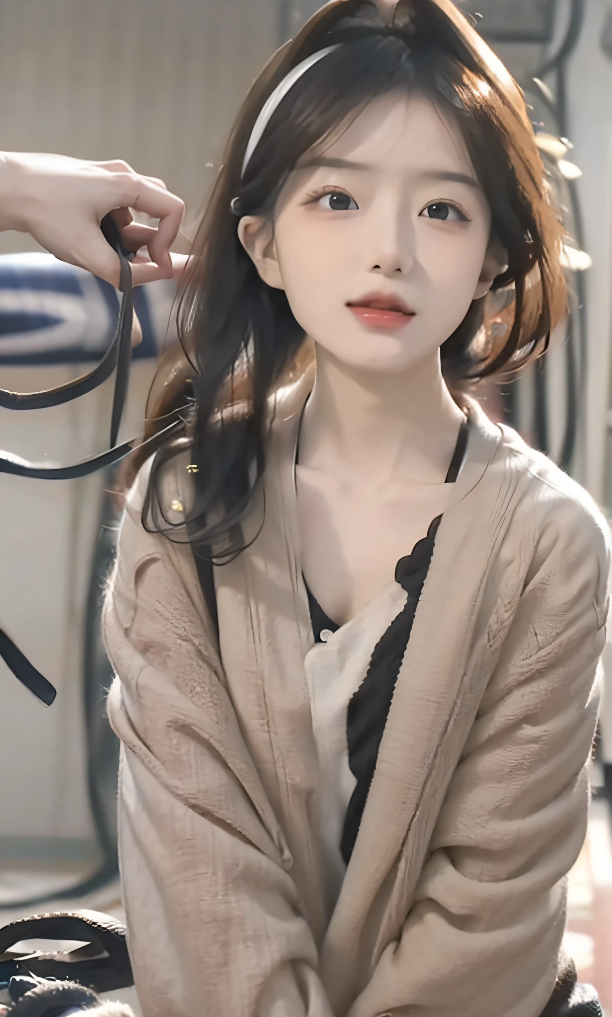 (8k, RAW photo, photorealistic:1.25) ,( lip gloss, eyelashes, glossy finish, glossy skin, best quality, super high resolution, depth of field, chromatic aberration, caustics, wide light, natural shadow, Kpop idol) look with serenity and goddess-like bliss to the spectators,