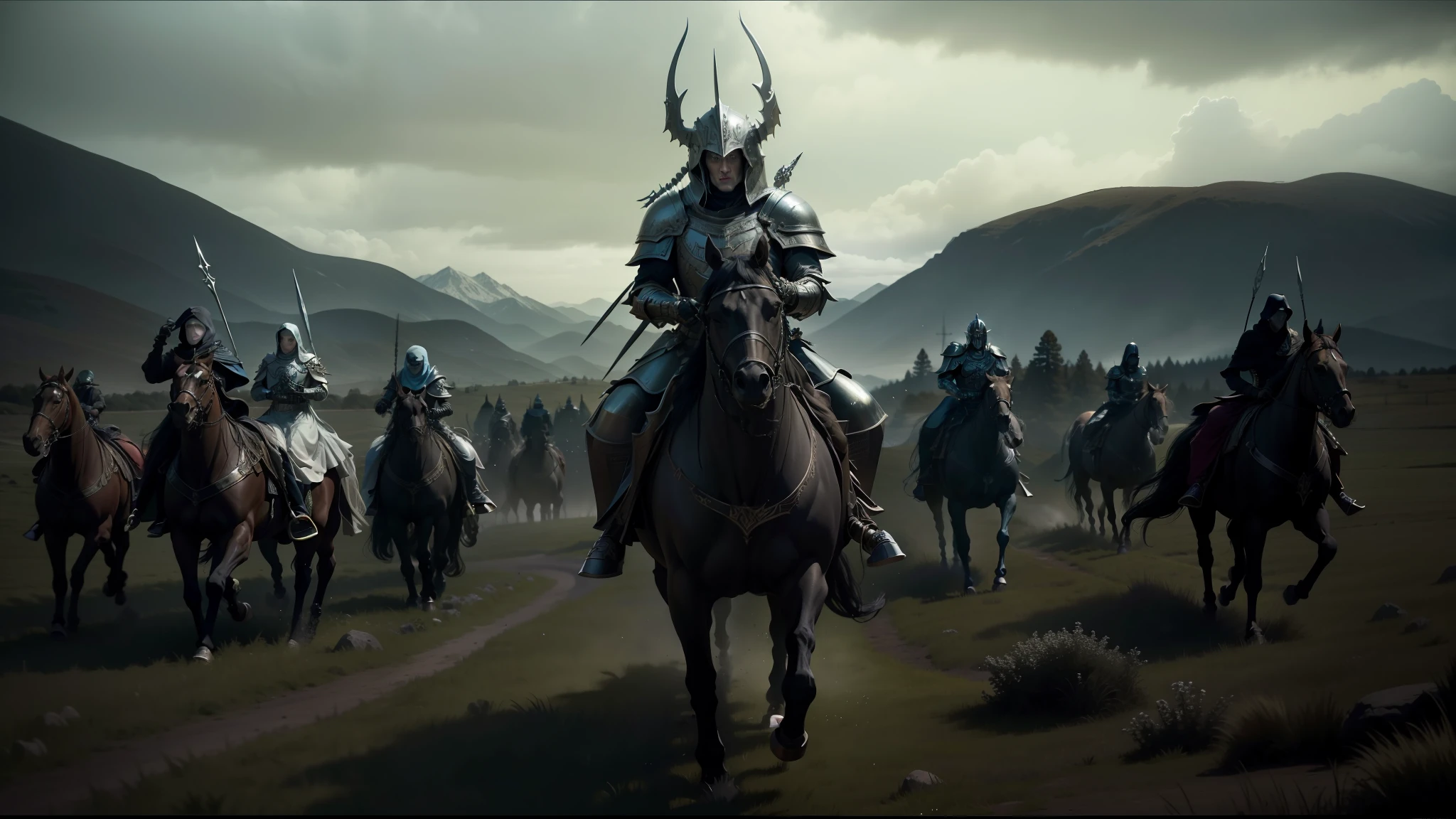 there are many people riding horses in a field with mountains in the background, elden ring cinematic lighting, nekro, undead soldiers in background, still image from the movie, with sleek silver metal armor, warhammer 40000 in islam, from left, time elves, photo of boris johnson running, royal insignia in background, official trailer, sharp edged black armor
