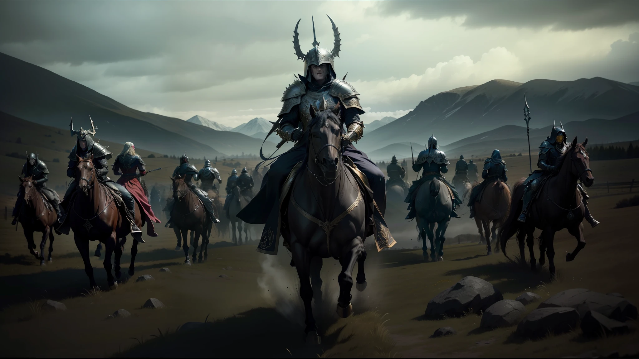 there are many people riding horses in a field with mountains in the background, elden ring cinematic lighting, nekro, undead soldiers in background, still image from the movie, with sleek silver metal armor, warhammer 40000 in islam, from left, time elves, photo of boris johnson running, royal insignia in background, official trailer, sharp edged black armor