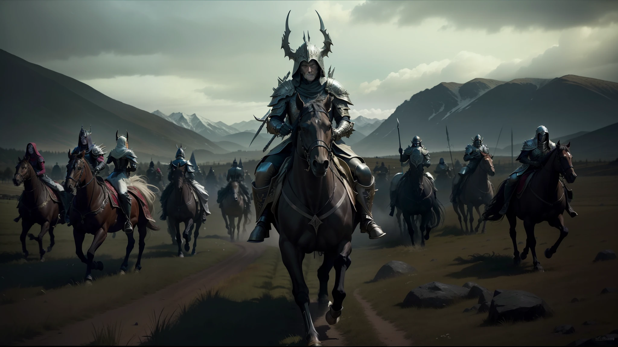 there are many people riding horses in a field with mountains in the background, elden ring cinematic lighting, nekro, undead soldiers in background, still image from the movie, with sleek silver metal armor, warhammer 40000 in islam, from left, time elves, photo of boris johnson running, royal insignia in background, official trailer, sharp edged black armor
