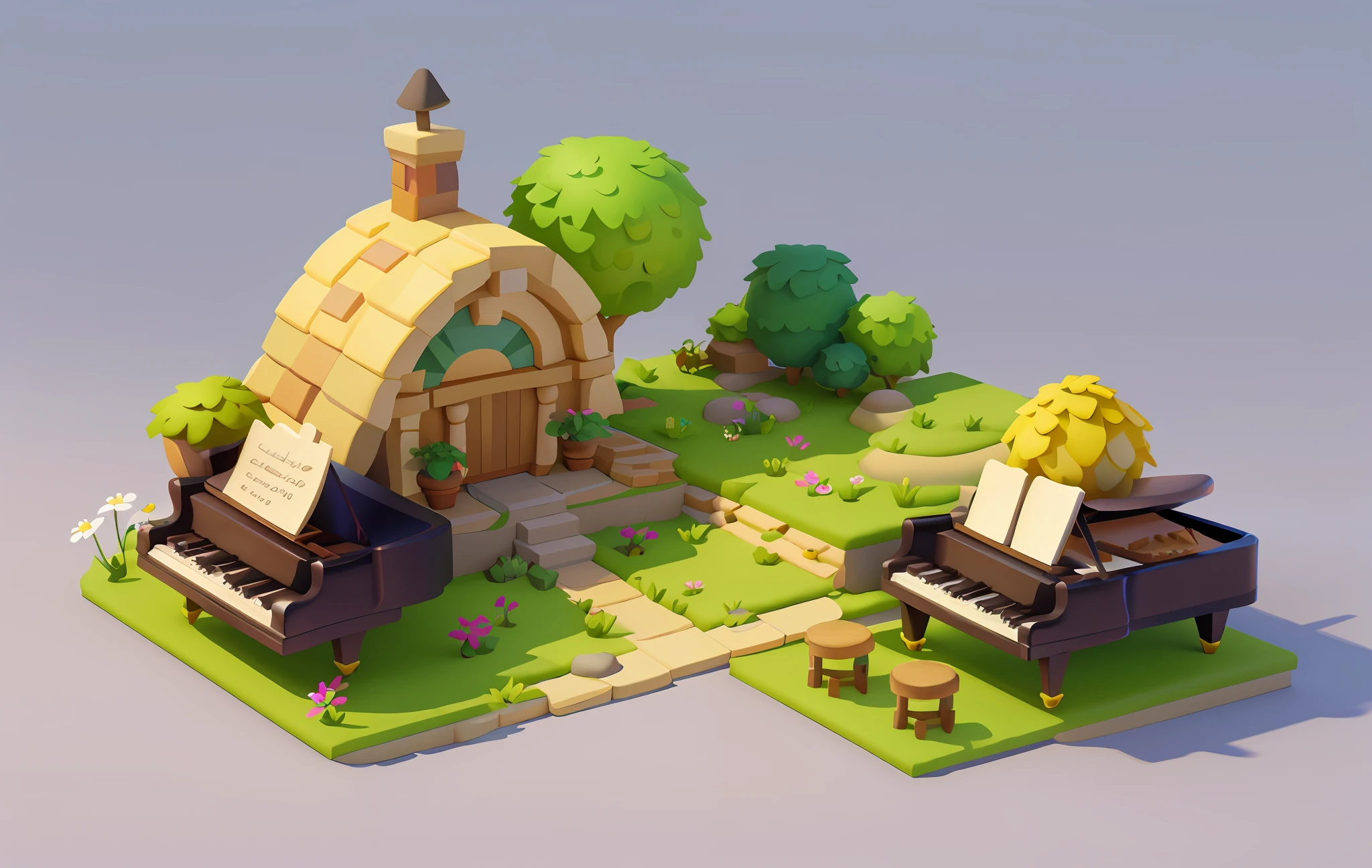 Cartoon style, polygon, game architectural design, fantasy, charming concert hall, large piano, bar, tables, Musical Instruments, stones, bricks, grass, flowers, trees, casual game style, creative, best details, cartoon style, 3d, blender, masterpiece, best quality, cartoon rendering, 8K