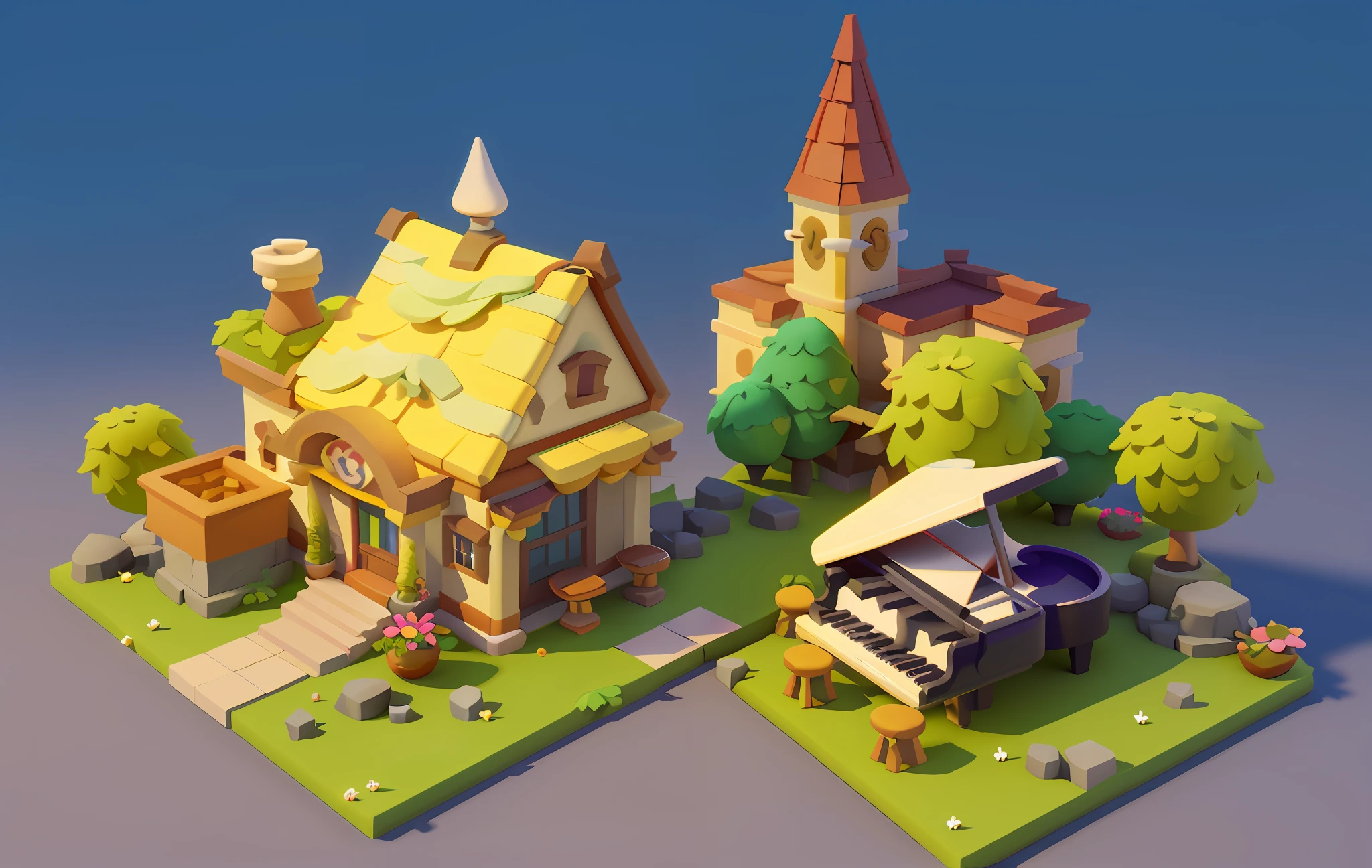 Cartoon style, polygon, game architectural design, fantasy, charming concert hall, large piano, bar, tables, Musical Instruments, stones, bricks, grass, flowers, trees, casual game style, creative, best details, cartoon style, 3d, blender, masterpiece, best quality, cartoon rendering, 8K