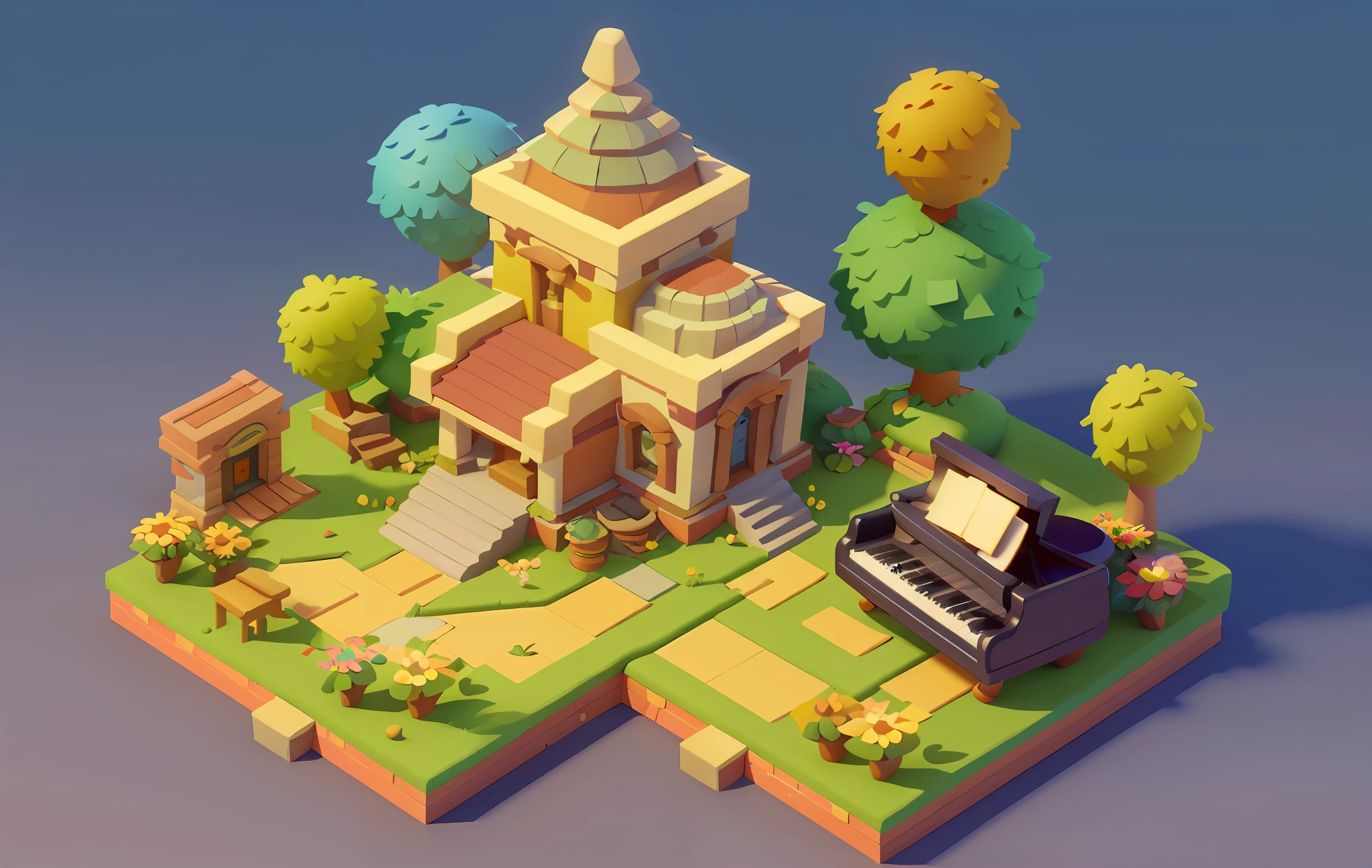 Cartoon style, polygon, game architectural design, fantasy, charming concert hall, large piano, bar, tables, Musical Instruments, stones, bricks, grass, flowers, trees, casual game style, creative, best details, cartoon style, 3d, blender, masterpiece, best quality, cartoon rendering, 8K