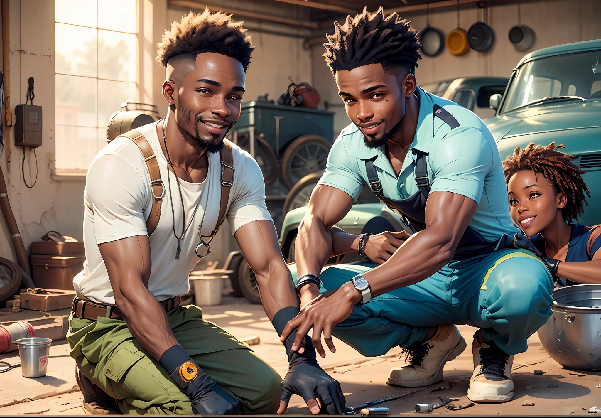 three african mechanics working on a car in a garage, one instructor, a training academy setting, mechanics, excited smiles, focus on the camera, eye contact, maintenance photo, handsome charismatic mechanic, mechanic overall, mechanic uniforms, stock photo, automotive --auto --s2