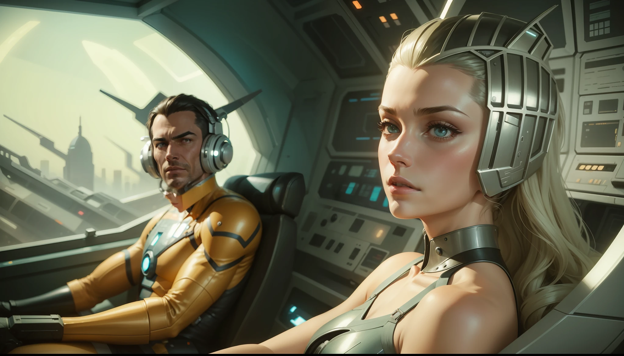 a man and a woman sitting in a space station, a comic book panel by Aaron Miller, featured on cgsociety, retrofuturism, reimagined by industrial light and magic, criterion collection, futuristic