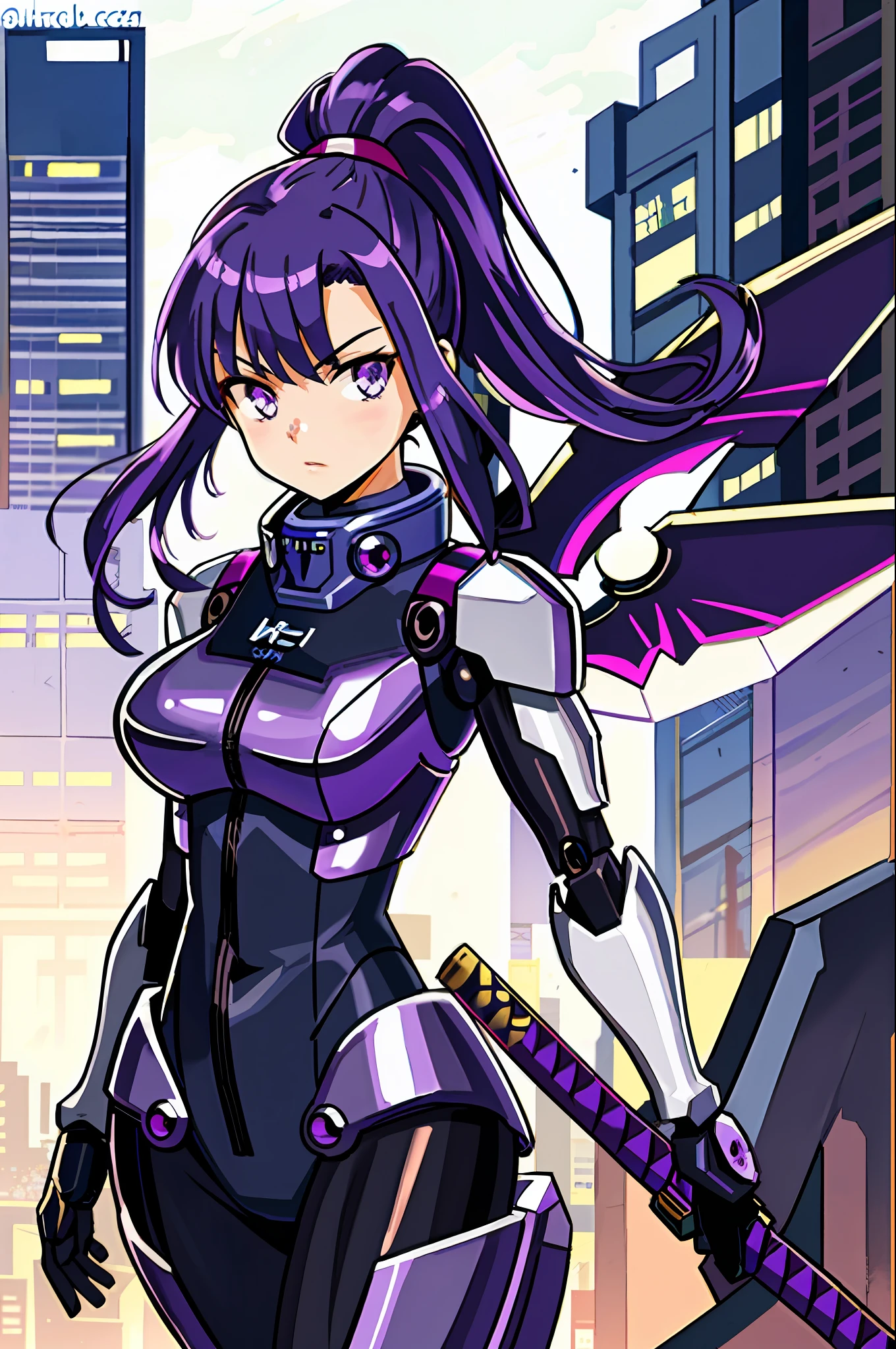 best quality, detailed background, girl, mechanical arms, cityscape, mecha musume, dark-purple hair, purple hair, long ponytail, black bodysuit, holding a katana, detailed skin, detailed eyes, robotic wings