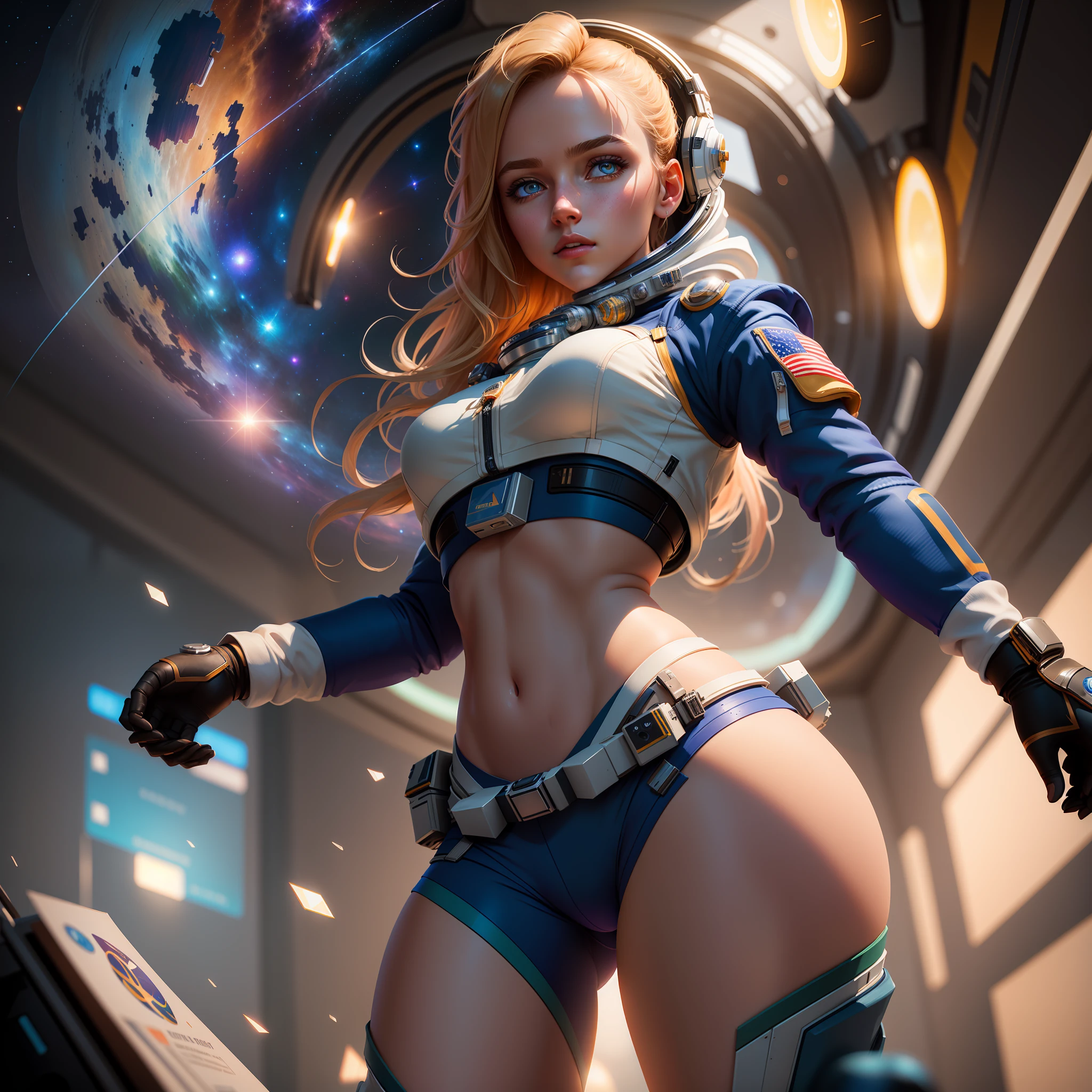 Highly detailed RAW color Photo, beautiful young girl in space suit, (wide hips), (detailed skin), (detailed lips), (detailed eyes), (space:1.4), smoke, (space setting) (detailed face), blonde, (curvy), midriff exposed, detailed eyes, chromatic aberration, depth of field, soft lighting, masterpiece, best quality, intricate, (bloom:0.7), (from below:1.4), low angle, particle effects, raytracing, tone mapped, highly detailed, concept art, smooth, sharp focus, dramatic lighting, highly detailed artwork, cinematic, hyper realistic painting, trending on Artstation, 8K, incredible shadows, realistic, (highly detailed background:1.2), art by midjourney