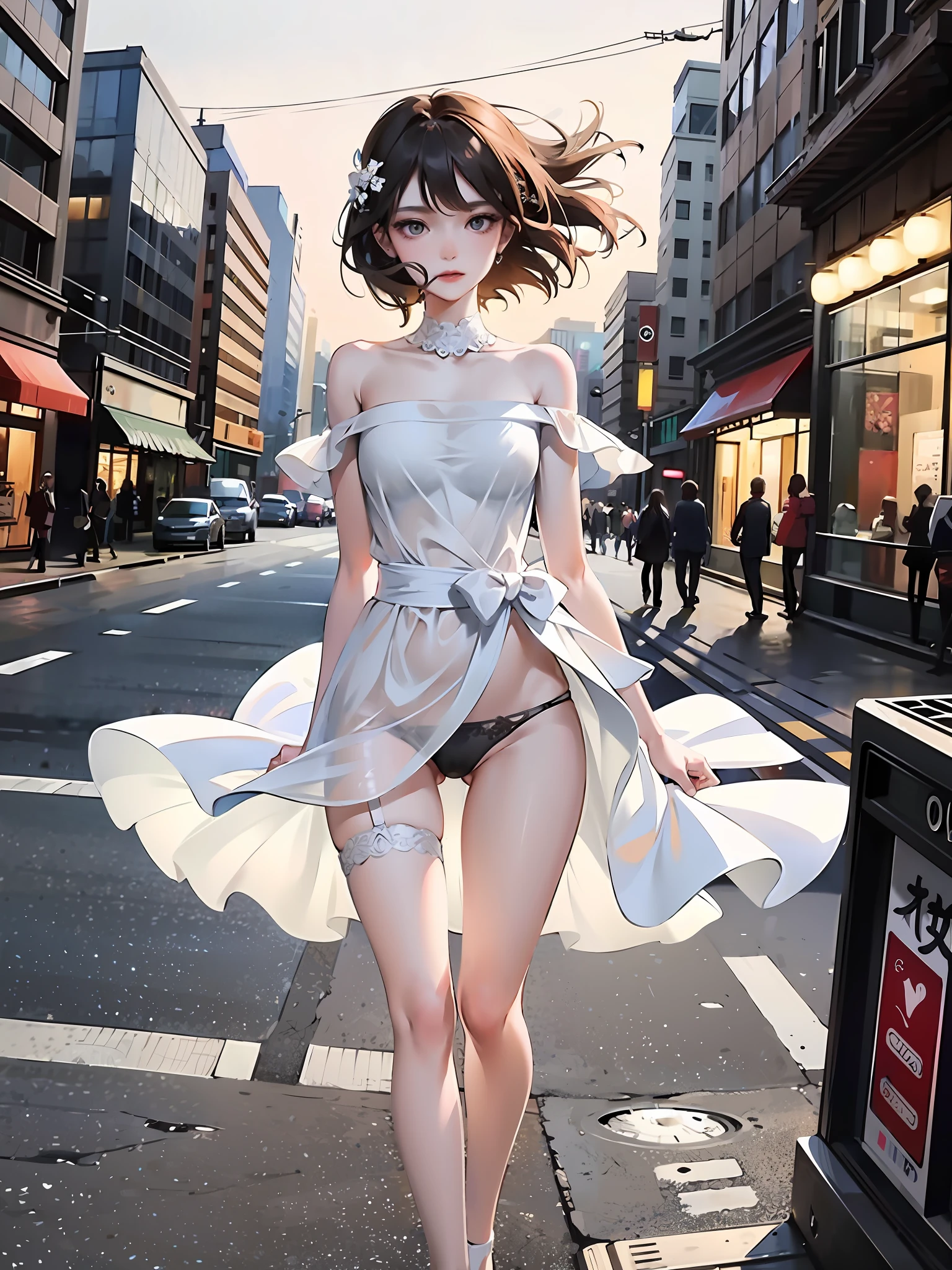Elegant woman walking on sidewalk in dress, solo, bandeau dress, romantic dress, print, wind blowing, fashion dress, thin waist, light half-open dress, soft silk fabric, thin, (camel toe), exposed figure, elegant, flowy, summer, no shoulder straps