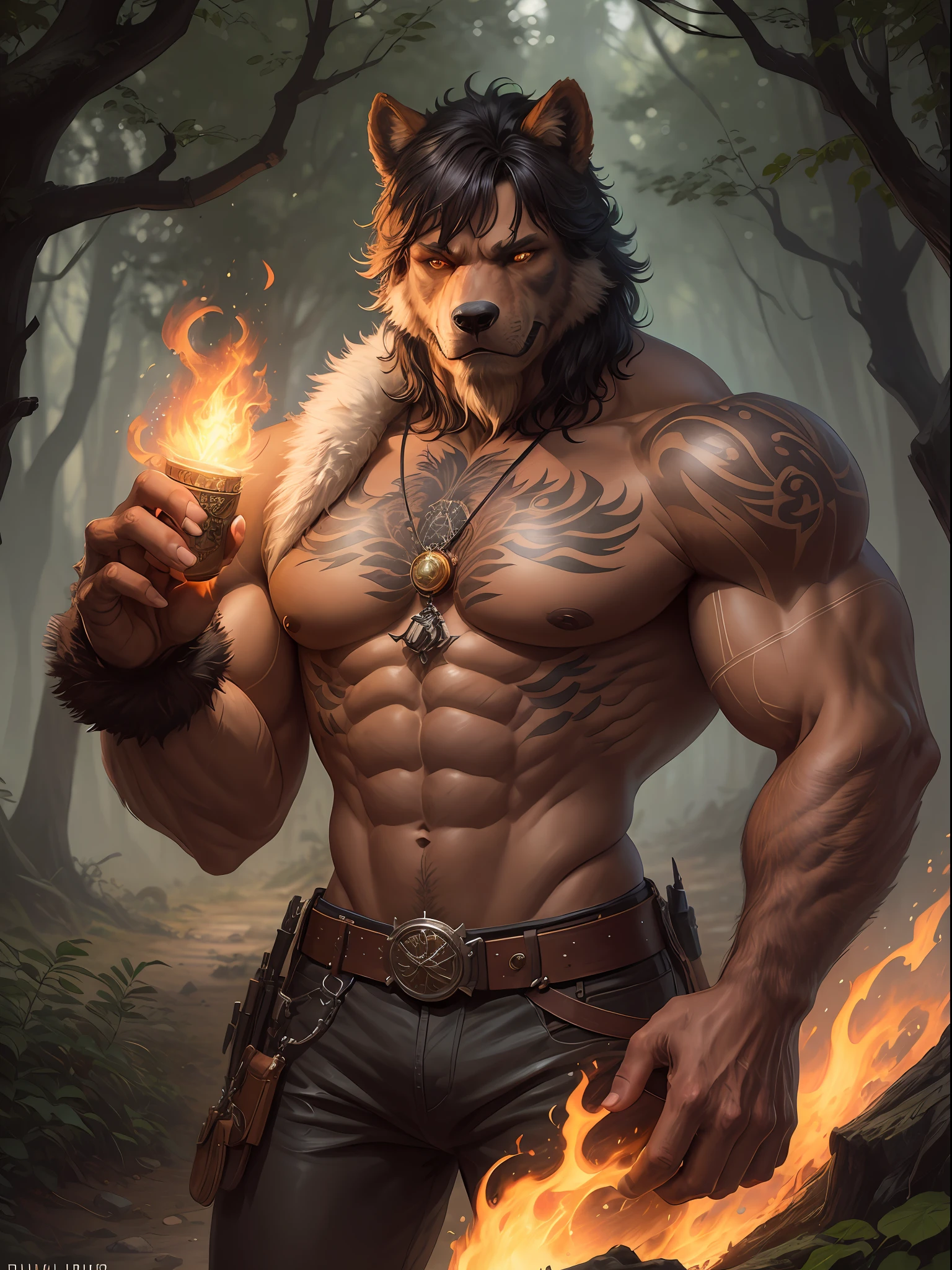 Man athletic physique, tattoos, werewolf bear, brown skin, steampunk details, in the woods, art by Ralph Horsley, waves, digital art, style by Jean Baptiste Monge,
Bright, beautiful, explosion