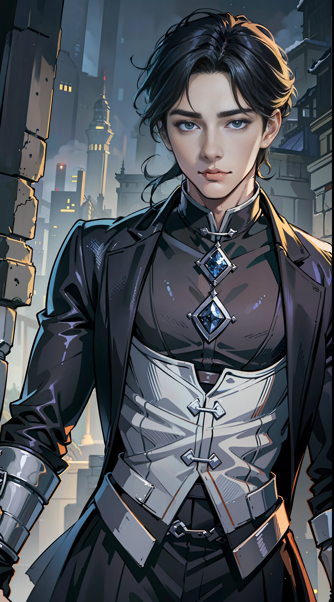 ,((Best Quality))),8k,((Masterpiece)),(Extremely refined and beautiful),Realistic, Shaping the image of a 20-year-old boy, Wu Zun, Chinese, handsome, with silver bright eyes, he is a wizard, starting from Narix, , dressed in black party clothes, behind him, rising in the night, owning a Victorian stone mansion. Night view Realism --auto --s2