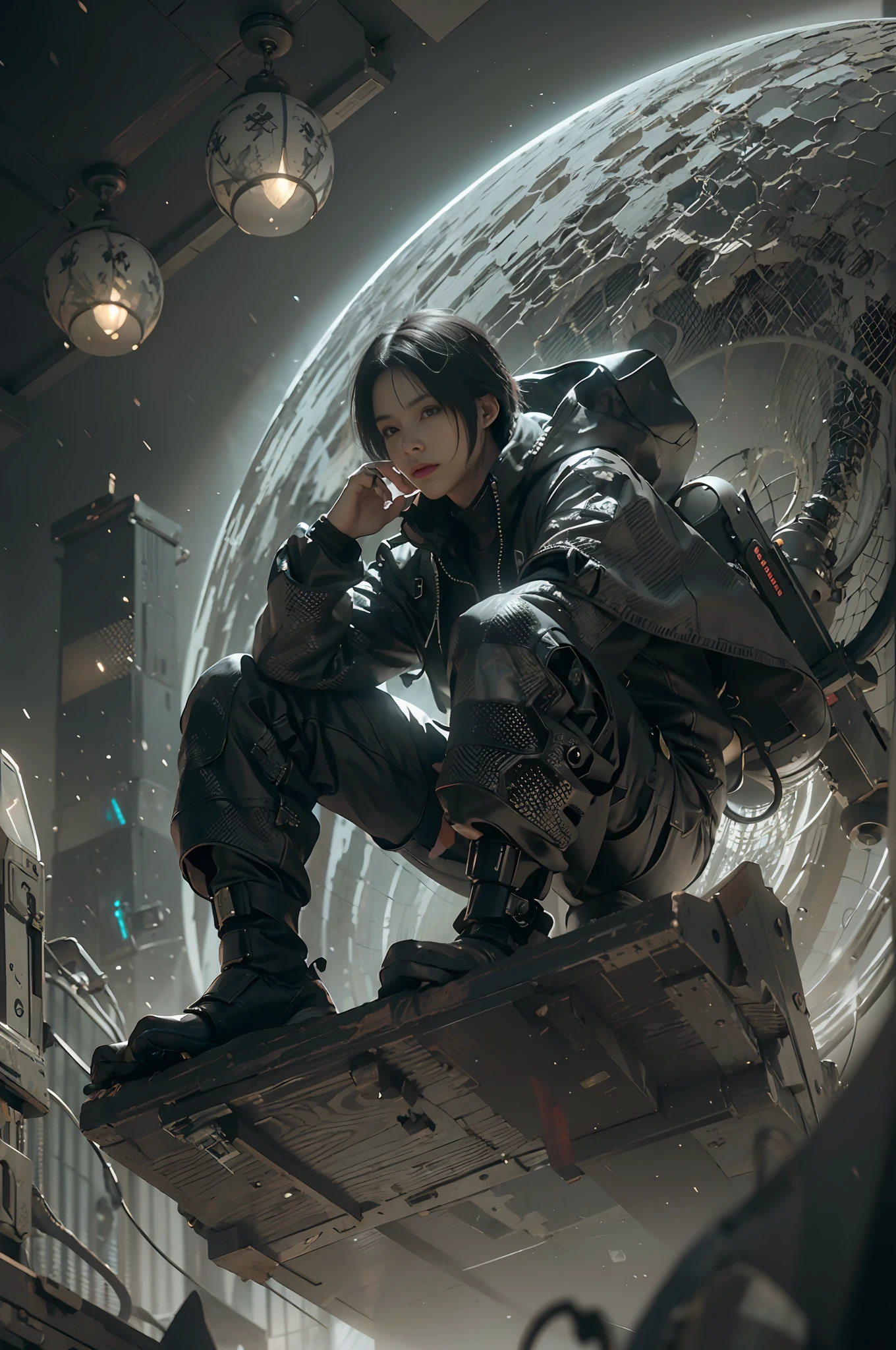 ((Best quality)), ((masterpiece)), (detailed:1.4), 3D, an image of a cyberpunk black male, HDR (High Dynamic Range),Ray Tracing,NVIDIA RTX,Super-Resolution,Unreal 5,Subsurface scattering,PBR Texturing,Post-processing,Anisotropic Filtering,Depth-of-field,Maximum clarity and sharpness,Multi-layered textures,Albedo and Specular maps,Surface shading,Accurate simulation of light-material interaction,Perfect proportions,Octane Render,Two-tone lighting,Wide aperture,Low ISO,White balance,Rule of thirds,8K RAW, anime - style man in a white and black outfit with a gun, cyborg merchant