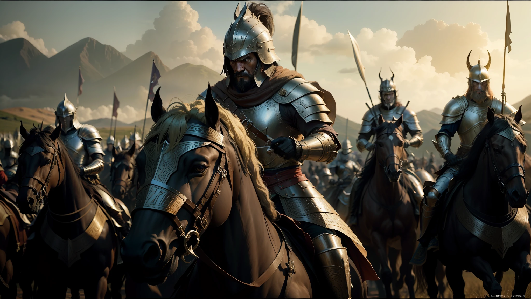 there are many men in armor riding horses in a field, in screenshot from the 300 movie, jingna zhang, the hobbit orc concept, large crown helmet, inspired by Sardar Sobha Singh, anamorphic flares, nvidia promotional image, lamellar armor, film screenshot