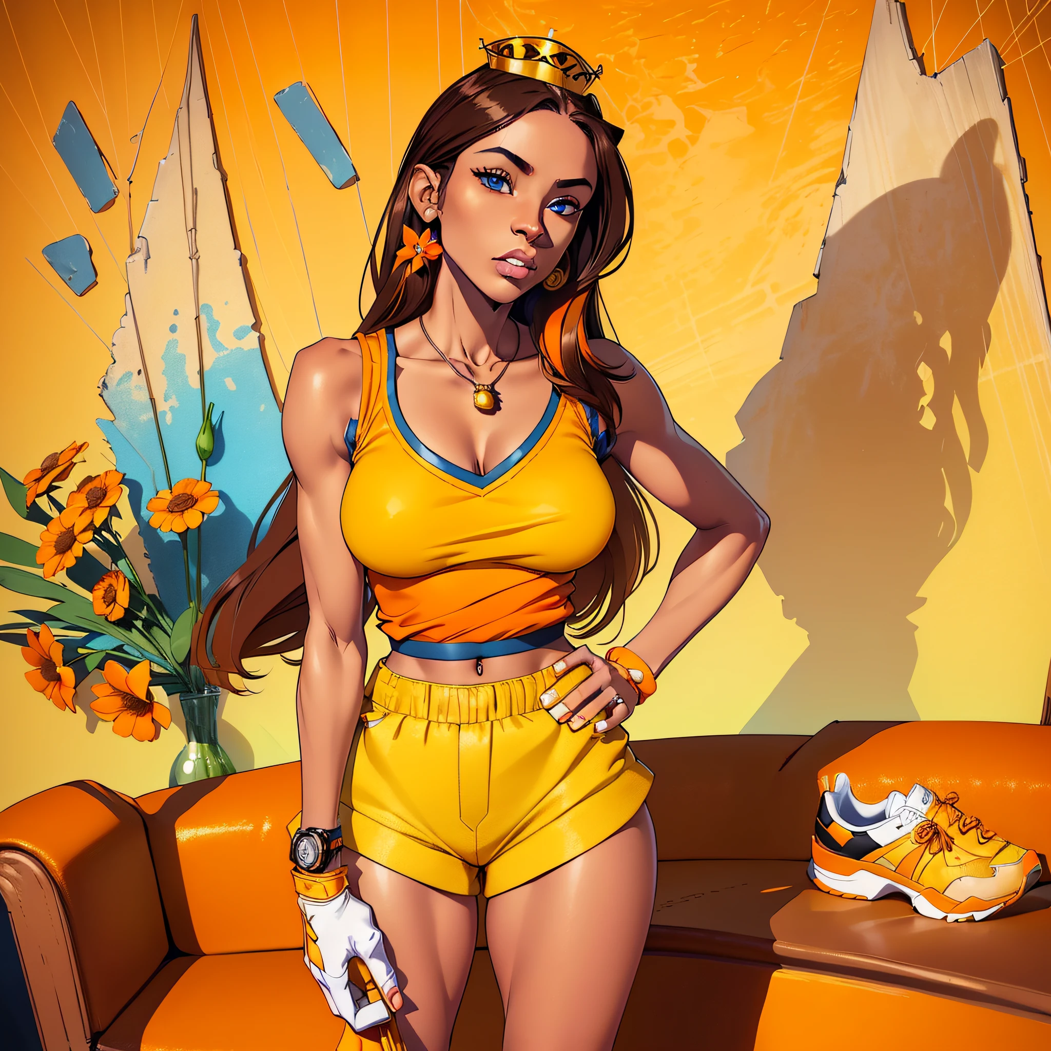 a delusional young Black Woman with a petite and skinny body, (evil), ((smug)), (bitch), haughty, (((small breasts))), ((slim legs)), long hair, ((dull blue eyes)), (((titian brown hair))), standing, (((dark-skinned female))), brown olive skin, (((((solo))))), (((sleeveless yellow top with a flower brooch on chest))), (((orange short shorts))), tennis shoes, (((two-tone shoes))), orange shoes, yellow shoes, ((mid-height white socks)), (mini crown), (((masterpiece))), (((accurate anatomy))), ((8k)), ((uhd)), teasing, trying to appeal