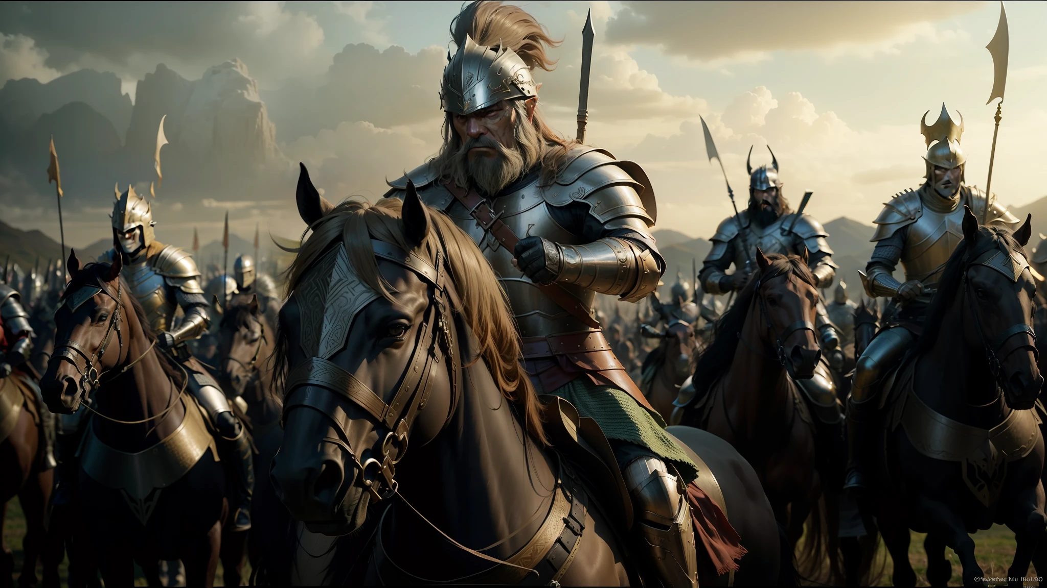 there are many men in armor riding horses in a field, in screenshot from the 300 movie, jingna zhang, the hobbit orc concept, large crown helmet, inspired by Sardar Sobha Singh, anamorphic flares, nvidia promotional image, lamellar armor, film screenshot