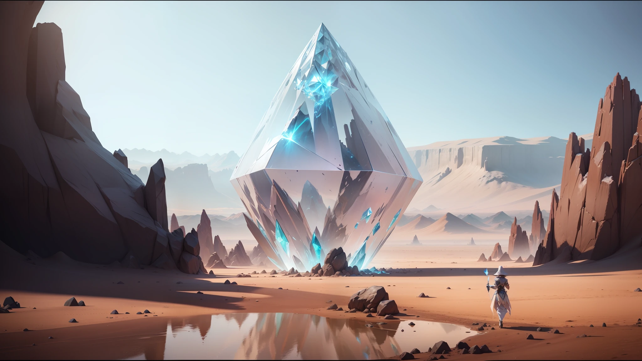 there is a large crystal in the middle of a desert, unreal engine 5 », trending on artstattion, psytrance, obelisk, cgsociety!, trending on artstaion, mobile game asset, riven, large diamonds, by Jacques Maroger, from netflix's arcane, fantasy aesthetic